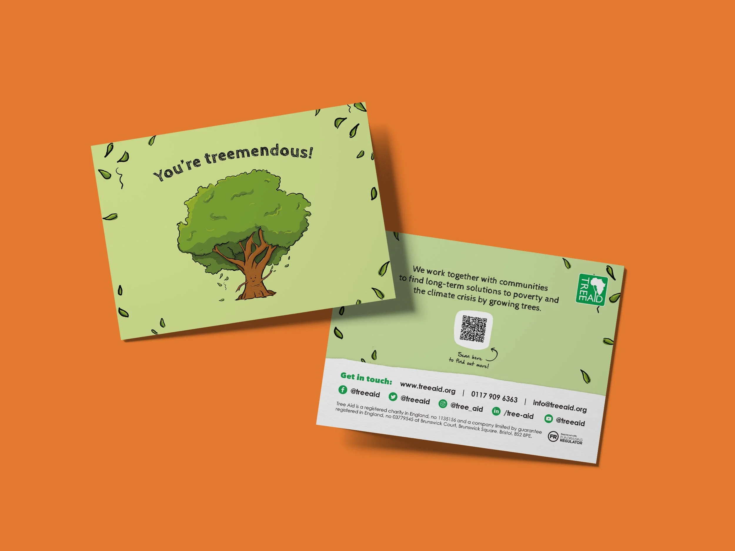 The front and back of a greetings card with a cartoon tree and falling leaves, with the message "You're tremendous!". The card was designed by Sprout Design for Tree Aid.