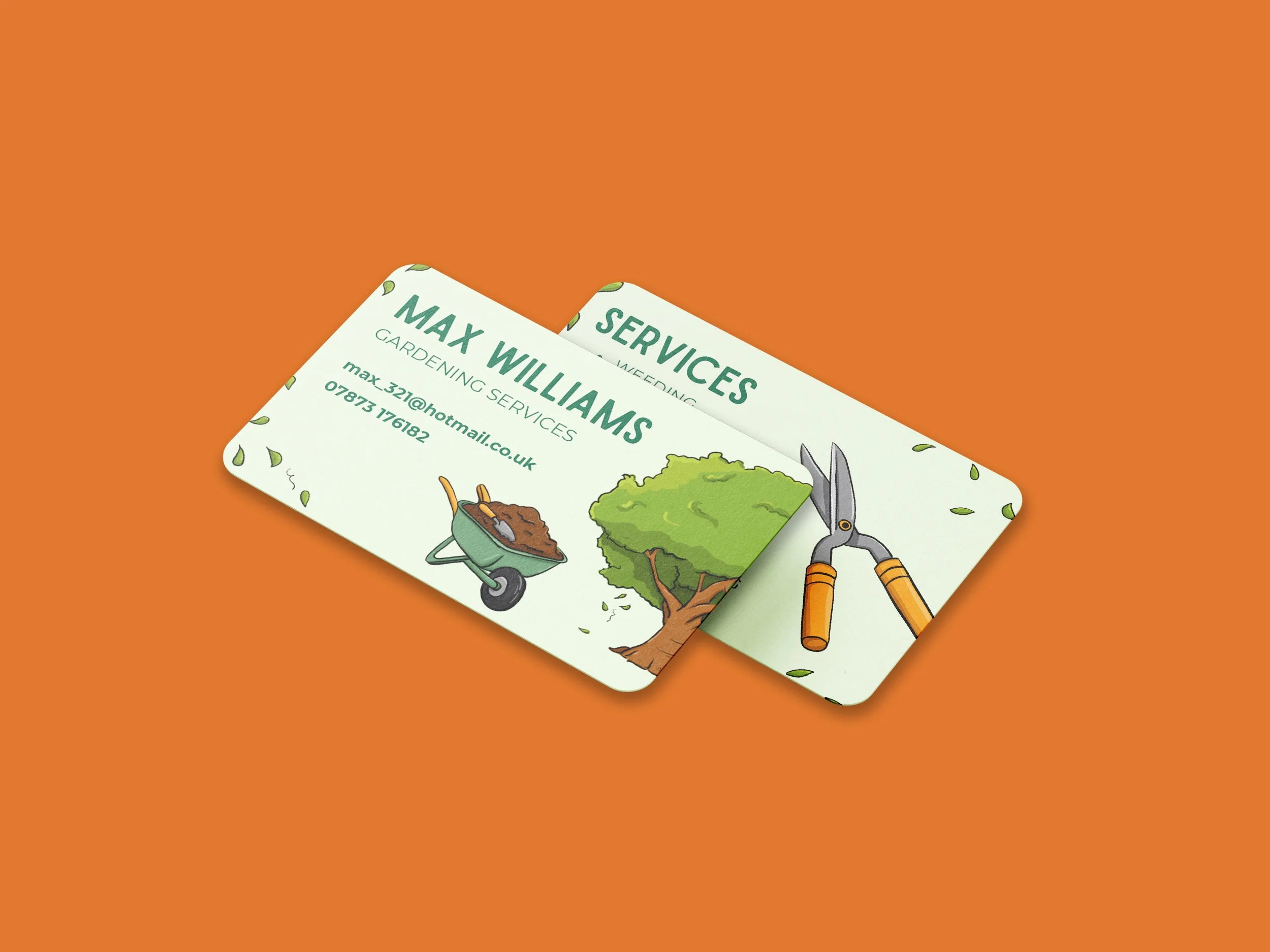 Business card with gardening services details, featuring illustrations of a wheelbarrow with soil, a tree and gardening tools. The business card was designed by Sprout Design.