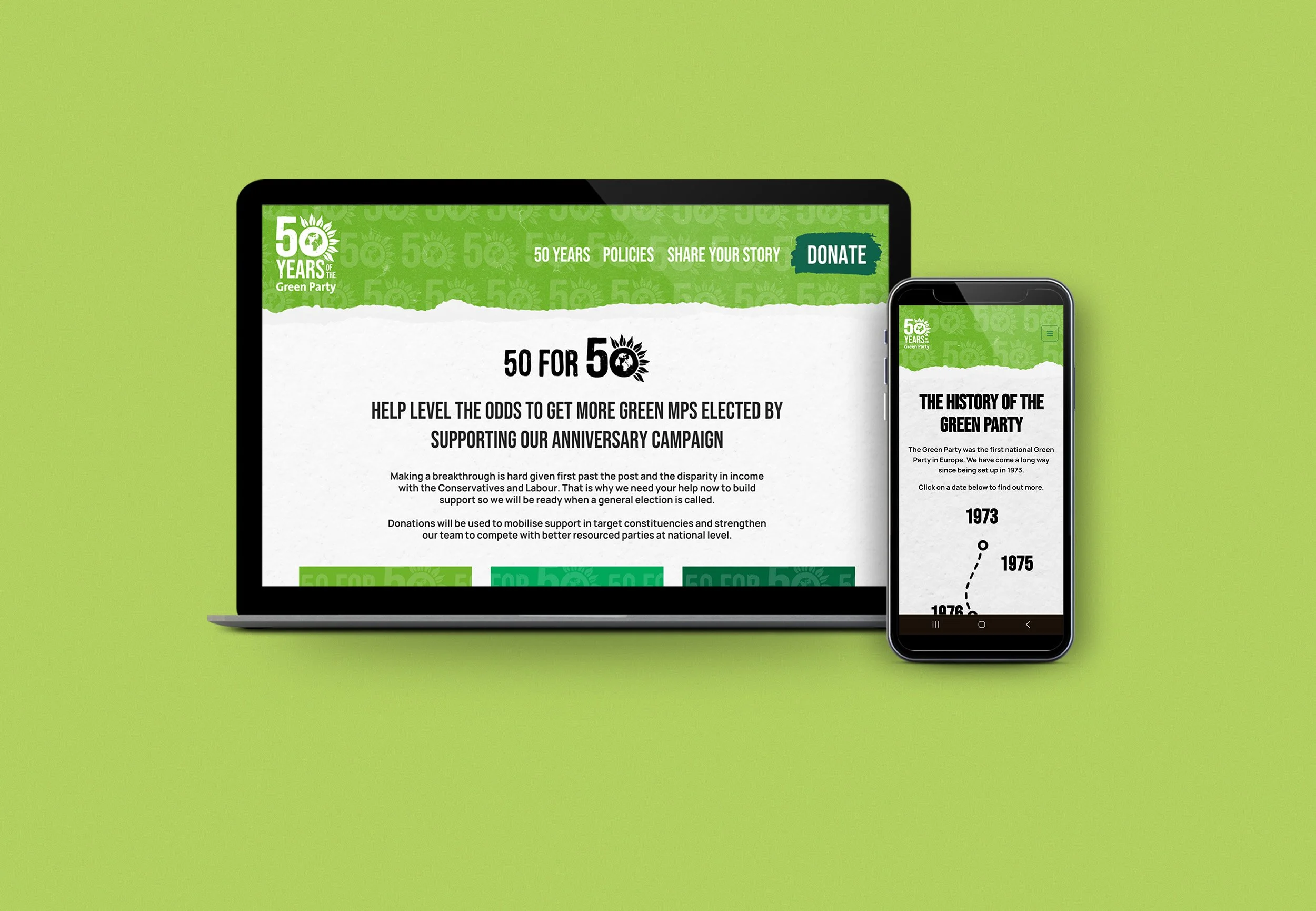 A tablet and a smartphone displaying a website for the Green Party's 50-year anniversary, with green-themed graphics and text highlighting policies and history.