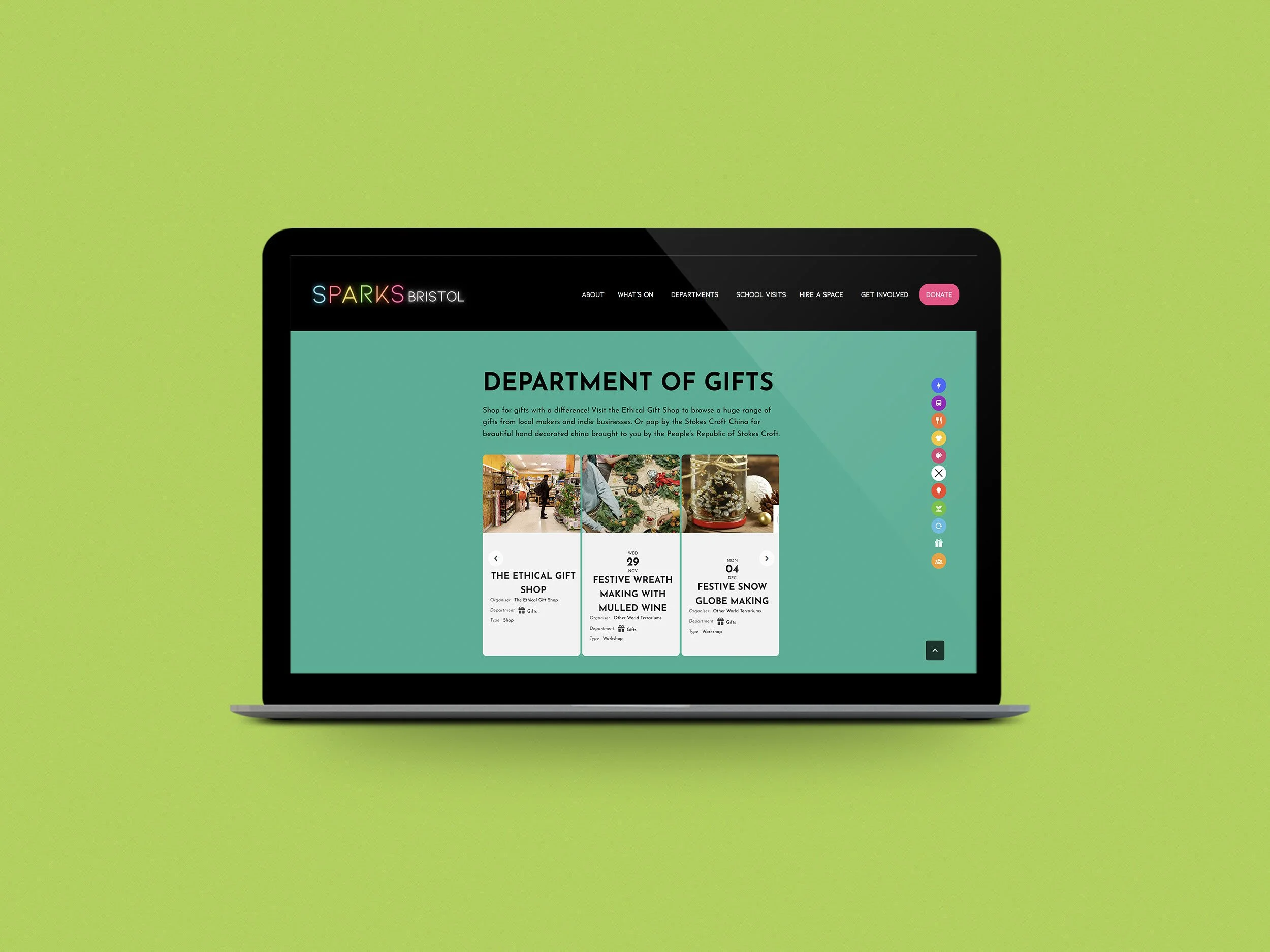 A laptop screen displaying the website 'Sparks Bristol' with the section 'Department of Gifts' and event listings for gift workshops. 