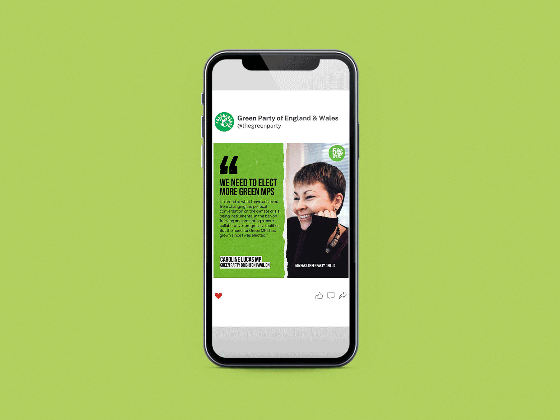 Social media post on a mobile phone screen featuring post from The Green Party emphasising the need to elect more Green MPs, with a quote and mention of Caroline Lucas MP. 