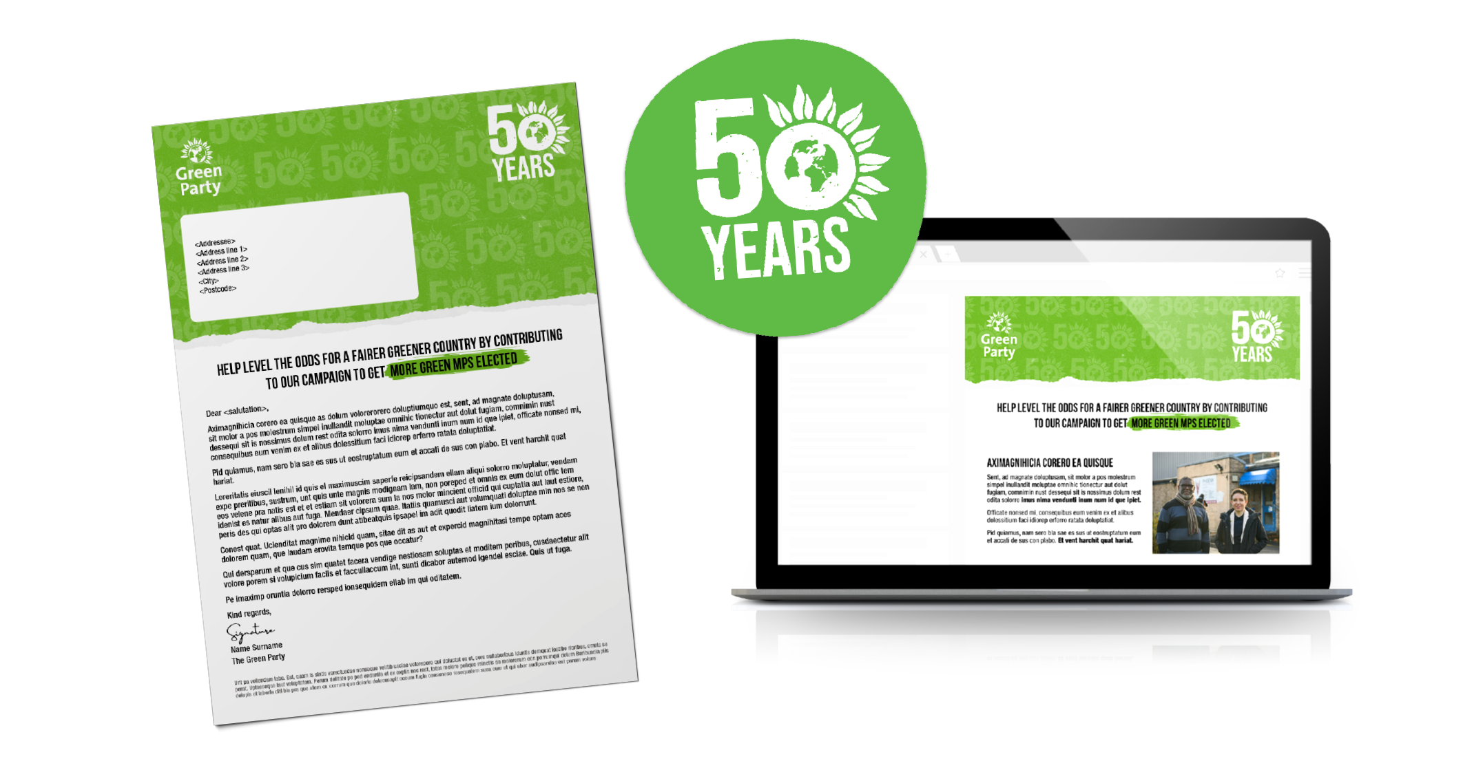 Examples of branding celebrating 50 years of the Green Party, featuring a green circular logo with '50 YEARS' and a sun and globe icon, alongside a flyer and a computer screen demonstrating the same branding.