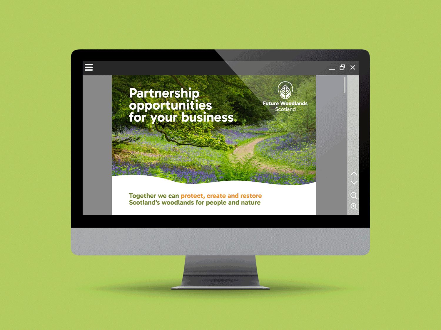 A computer monitor displaying a digital brochure for Future Woodlands Scotland, with a background of a lush green forest and purple flowers, and text about partnership opportunities for business and woodland protection. 