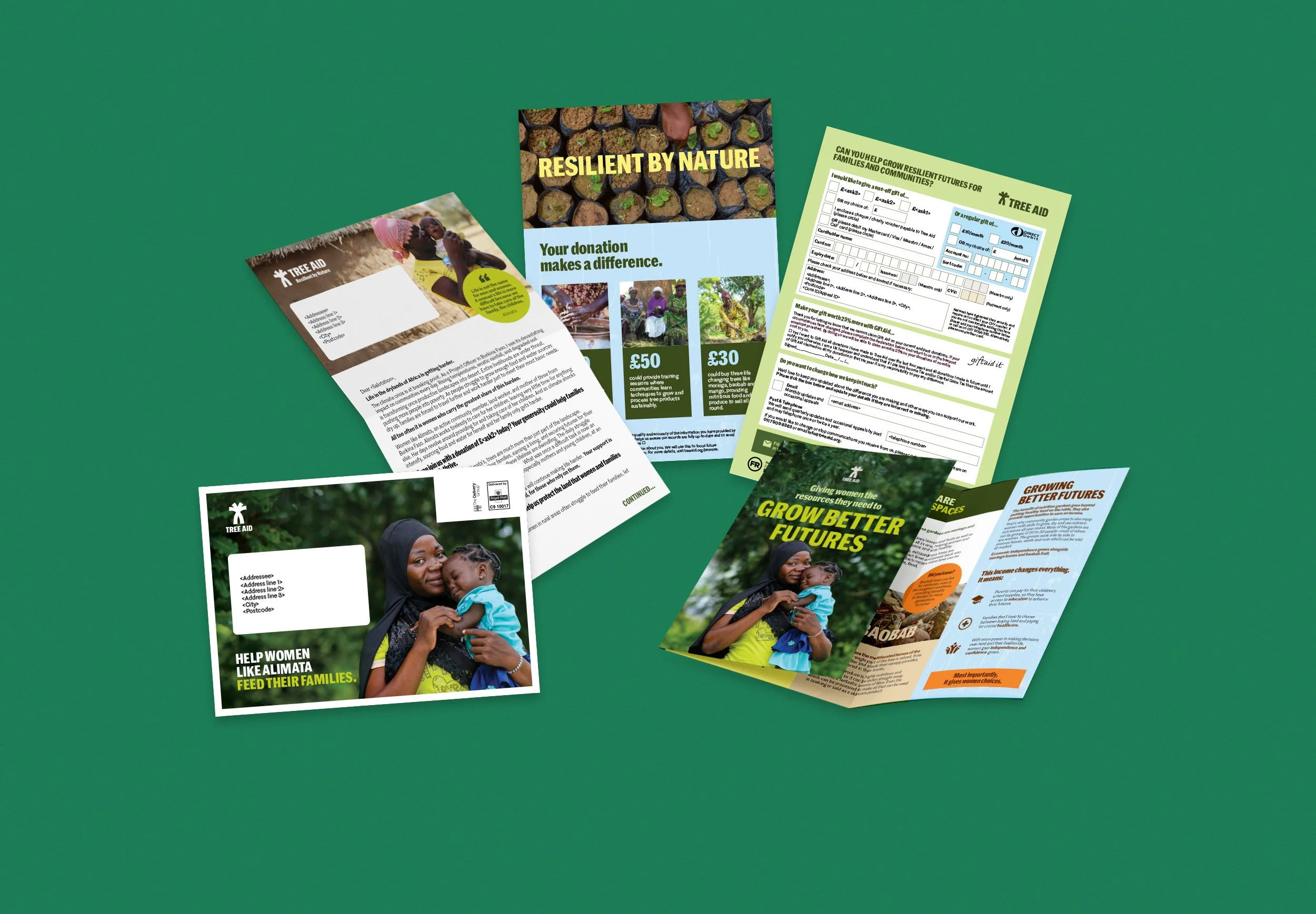 An envelope, letter, donation form and tri-fold leaflet for Tree Aid, featuring images of people, plants, and text about resilience and community support.