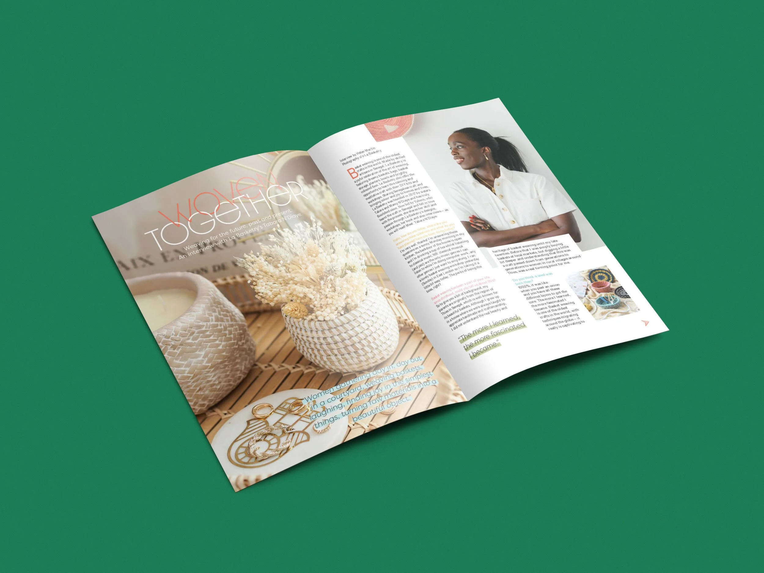 Open copy of Lionheart magazine laid on green surface showing pictures of a woman smiling, dried flowers, and jewelry with an article titled 'Woven Together' about weaving with La Basketry.