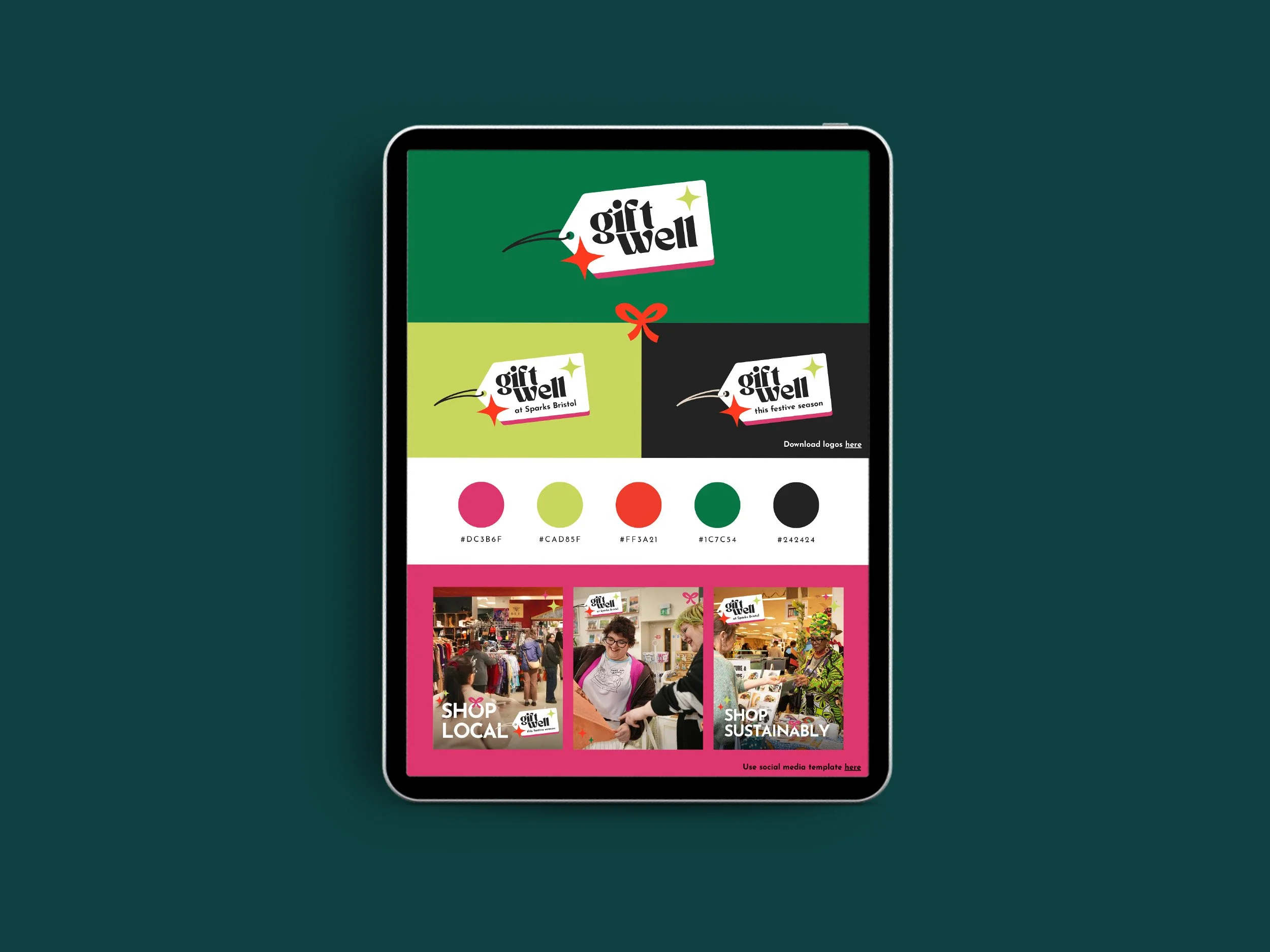 A digital device screen shows the brand guidelines for the 'Gift Well' Christmas campaign at Sparks Bristol, showing promotional banners with logos, a color palette and social media mockups. The campaign branding was designed by Sprout Design.