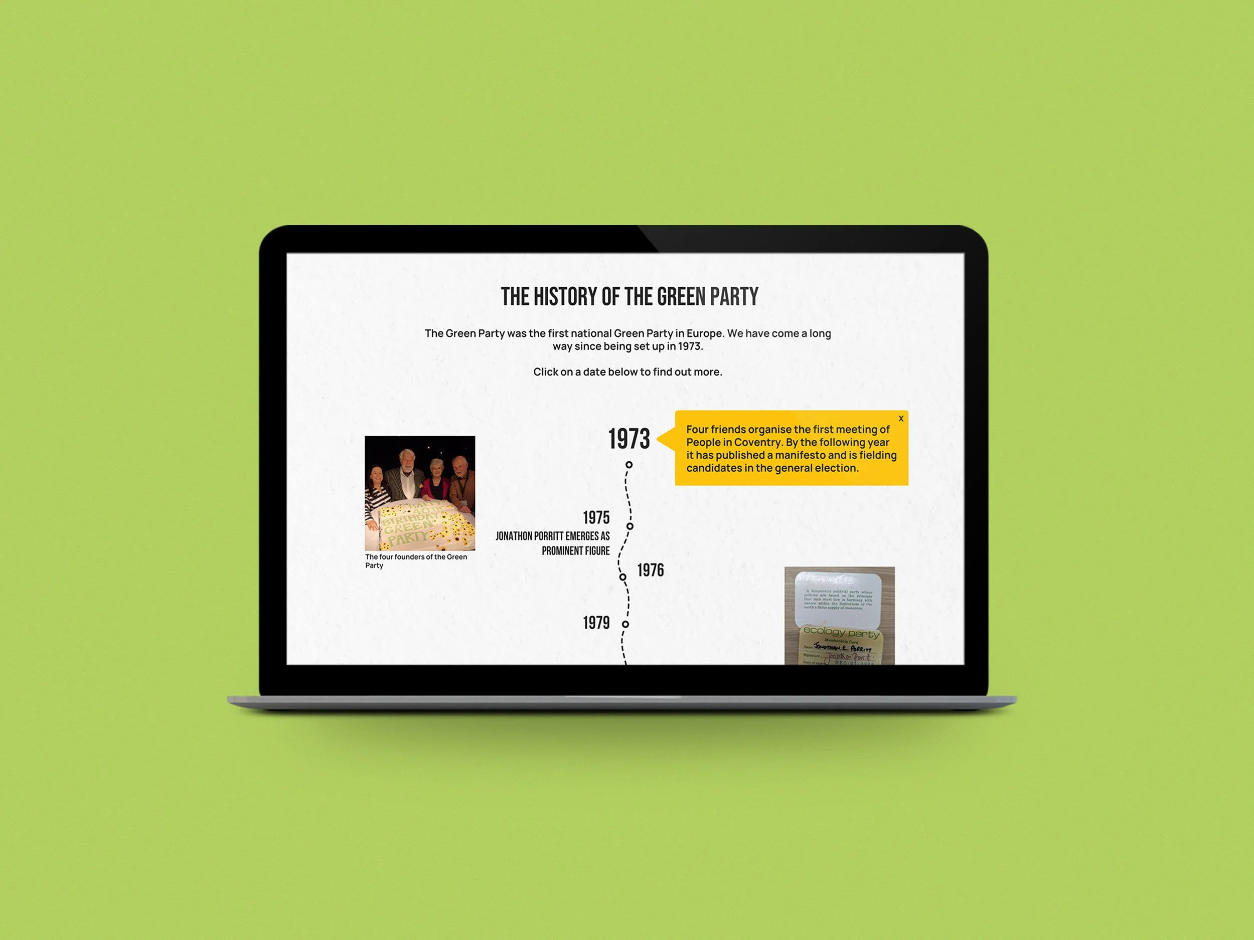 A laptop screen displaying a timeline infographic about the history of the Green Party with text, images, and highlighted sections against a bright green background.