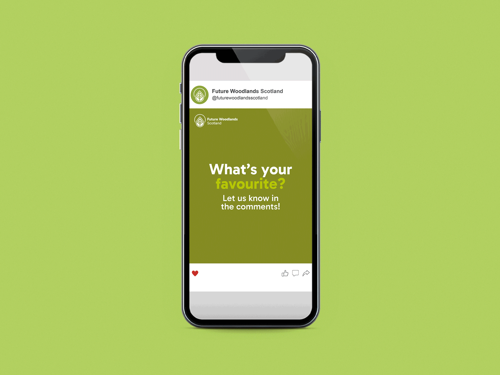 A smartphone displaying a social media post from Future Woodlands Scotland asking about favorites with a green background and white text.