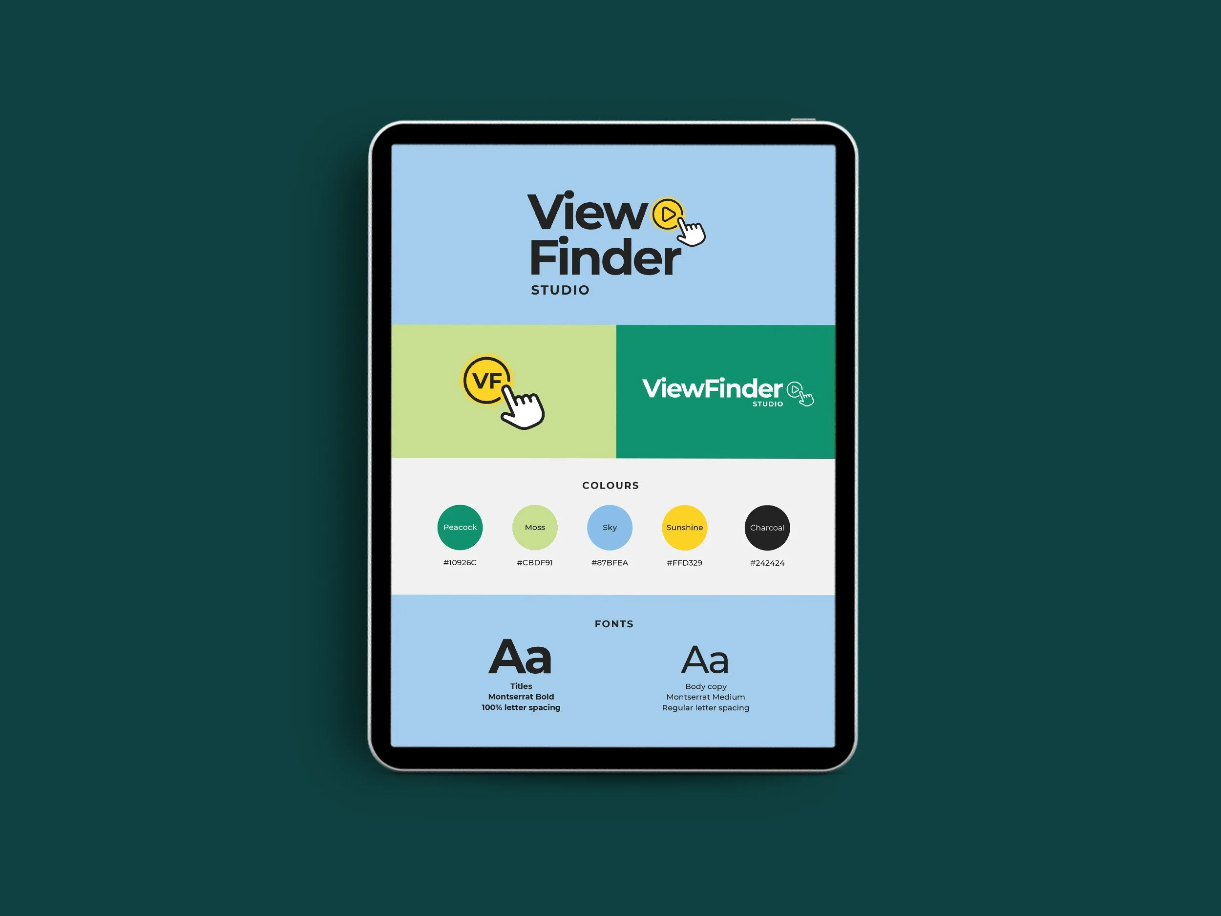 A digital device screen shows the brand guidelines for ViewFinder Sutdio with various logos, colors and font options. The branding was designed by Sprout Design.