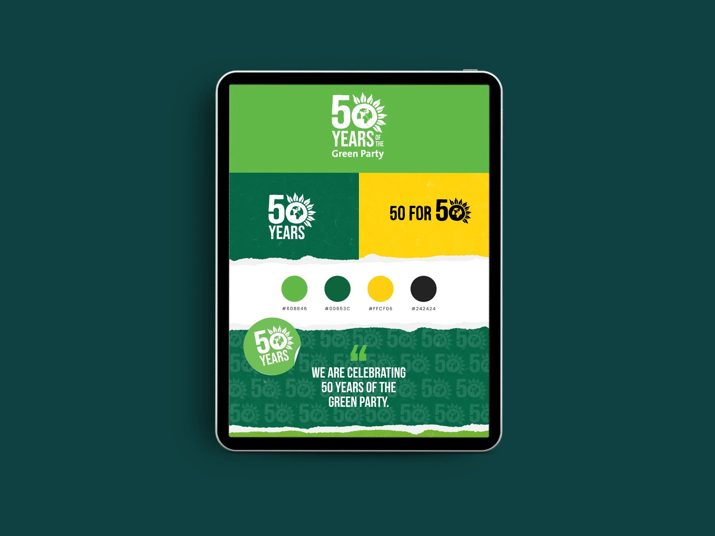 A digital device screen shows the brand guidelines for the 50th anniversary campaign for The Green Party, with logos, colour palettes, a badge and quote over a branded background. The campaign branding was designed by Sprout Design.