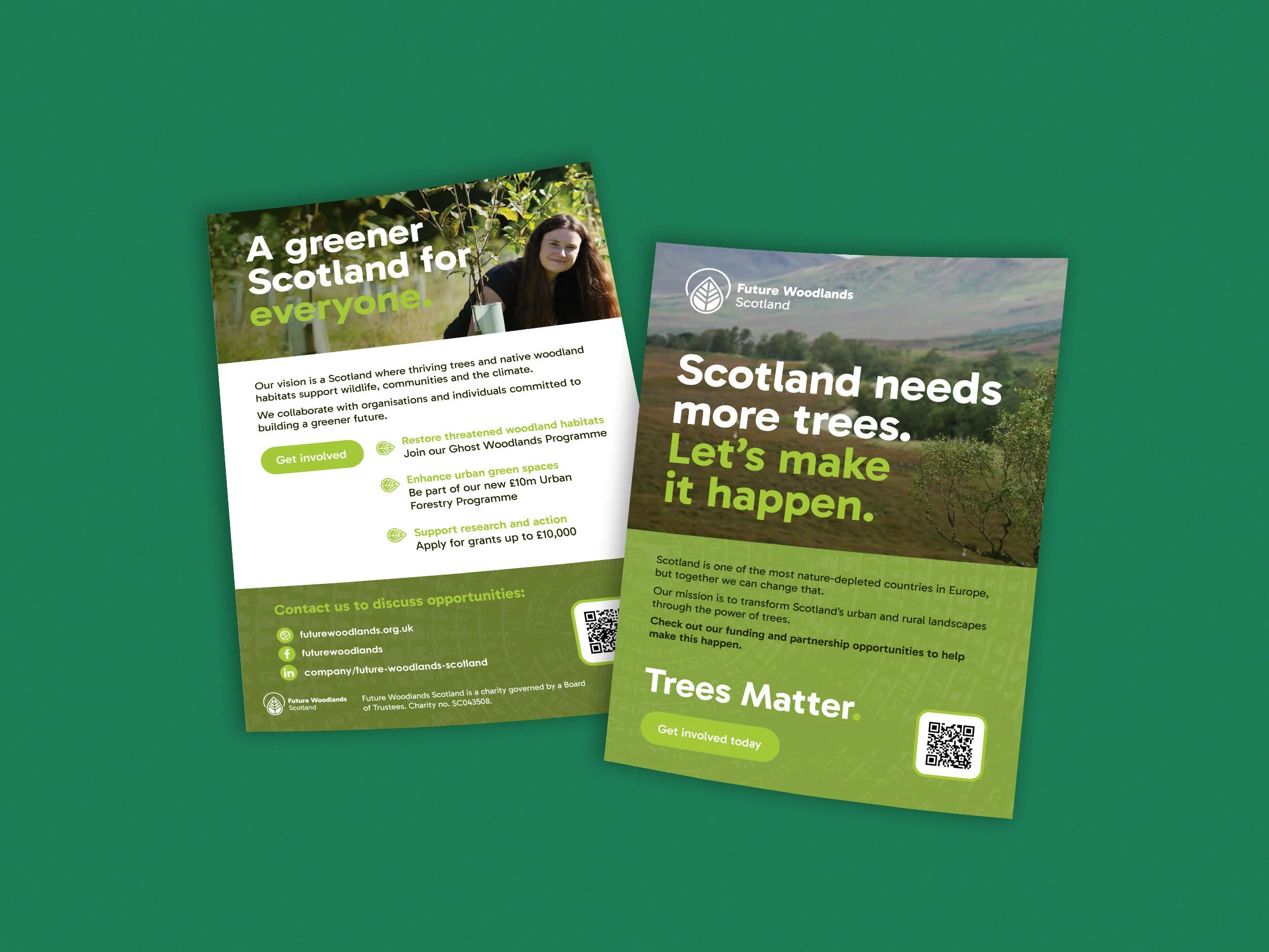 Front and back of a flyer promoting Future Woodlands Scotland's tree planting and woodland conservation, with text about supporting wildlife, climate, urban green spaces, and research funding.