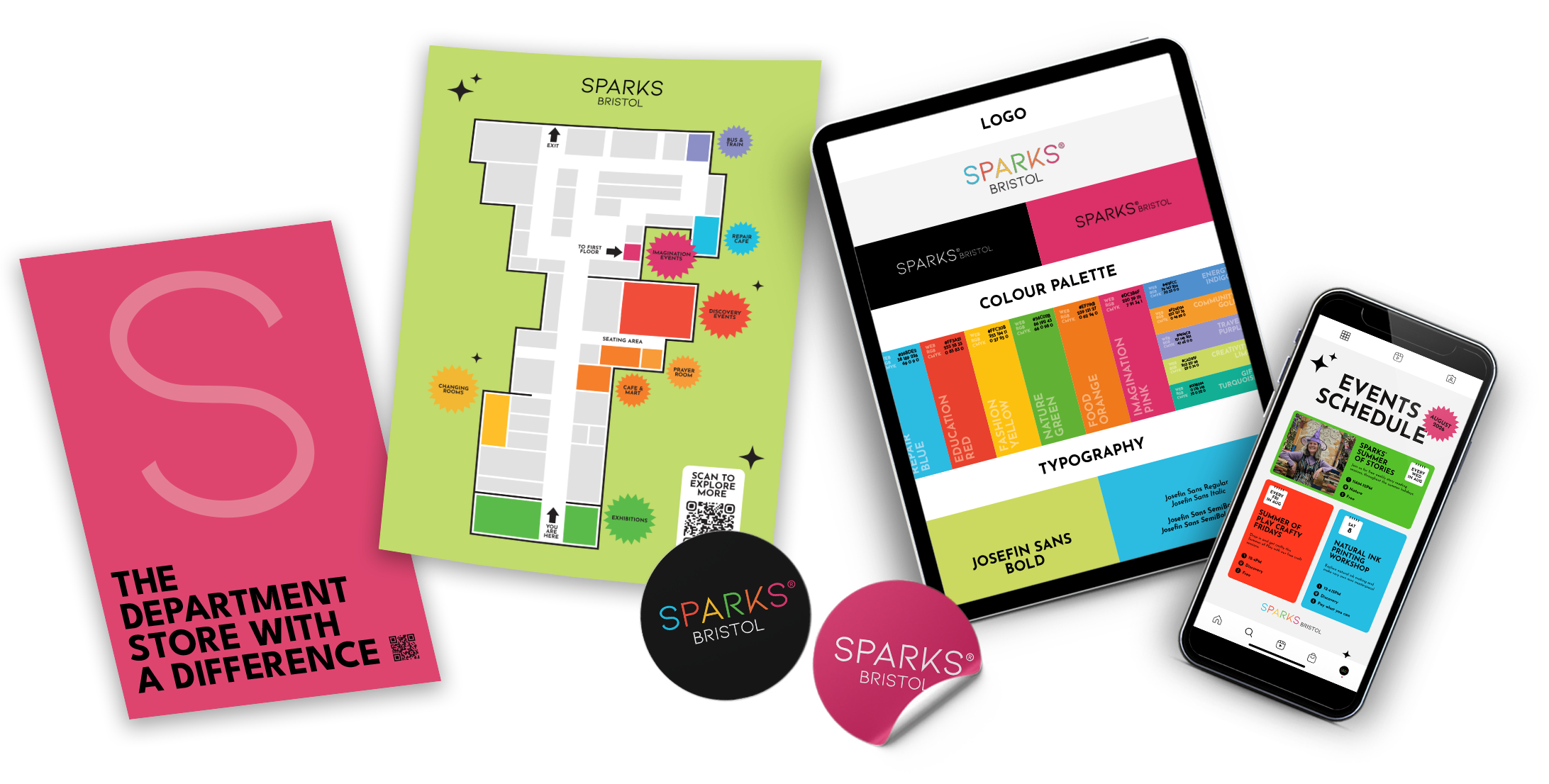 Collection of branding and promotional materials for Sparks Bristol, including a map of the venue, branding guide, event social media post on mobile, and branded stickers and flyers.