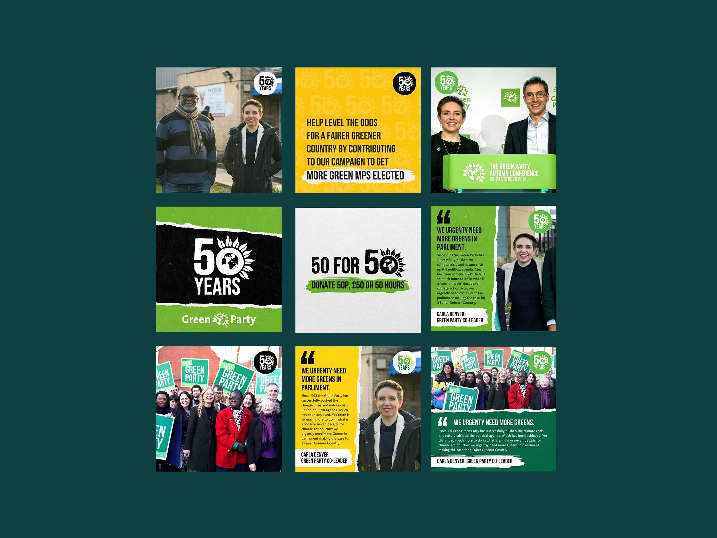 A grid of 9 sample social media posts promoting The Green Party's 50th anniversary campaign using the campaigns colours, logos and other design assets. The campaign branding was designed by Sprout Design.