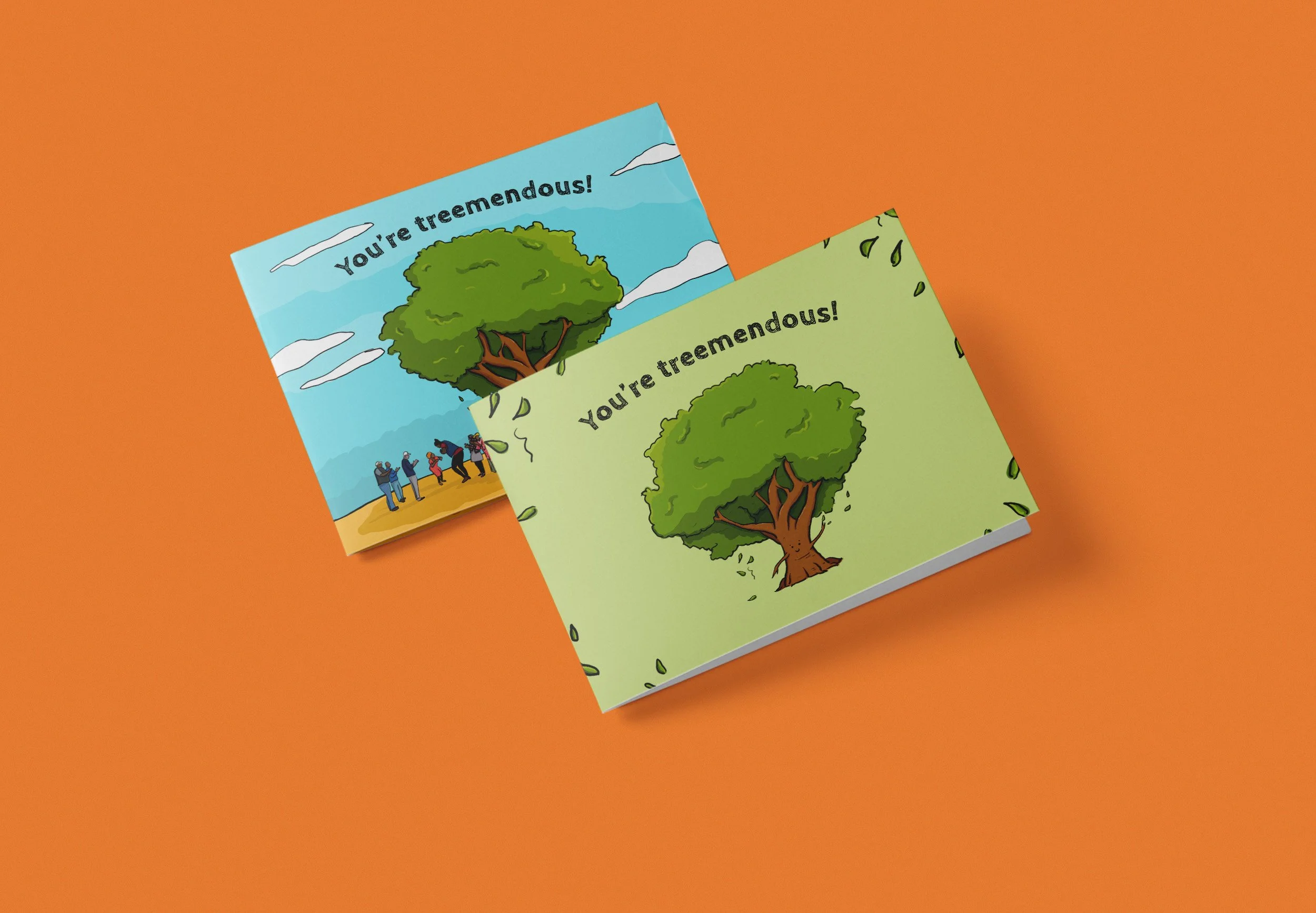 Colorful greeting cards on an orange background, one with a tree illustration and the phrase "You're tremendous!"
