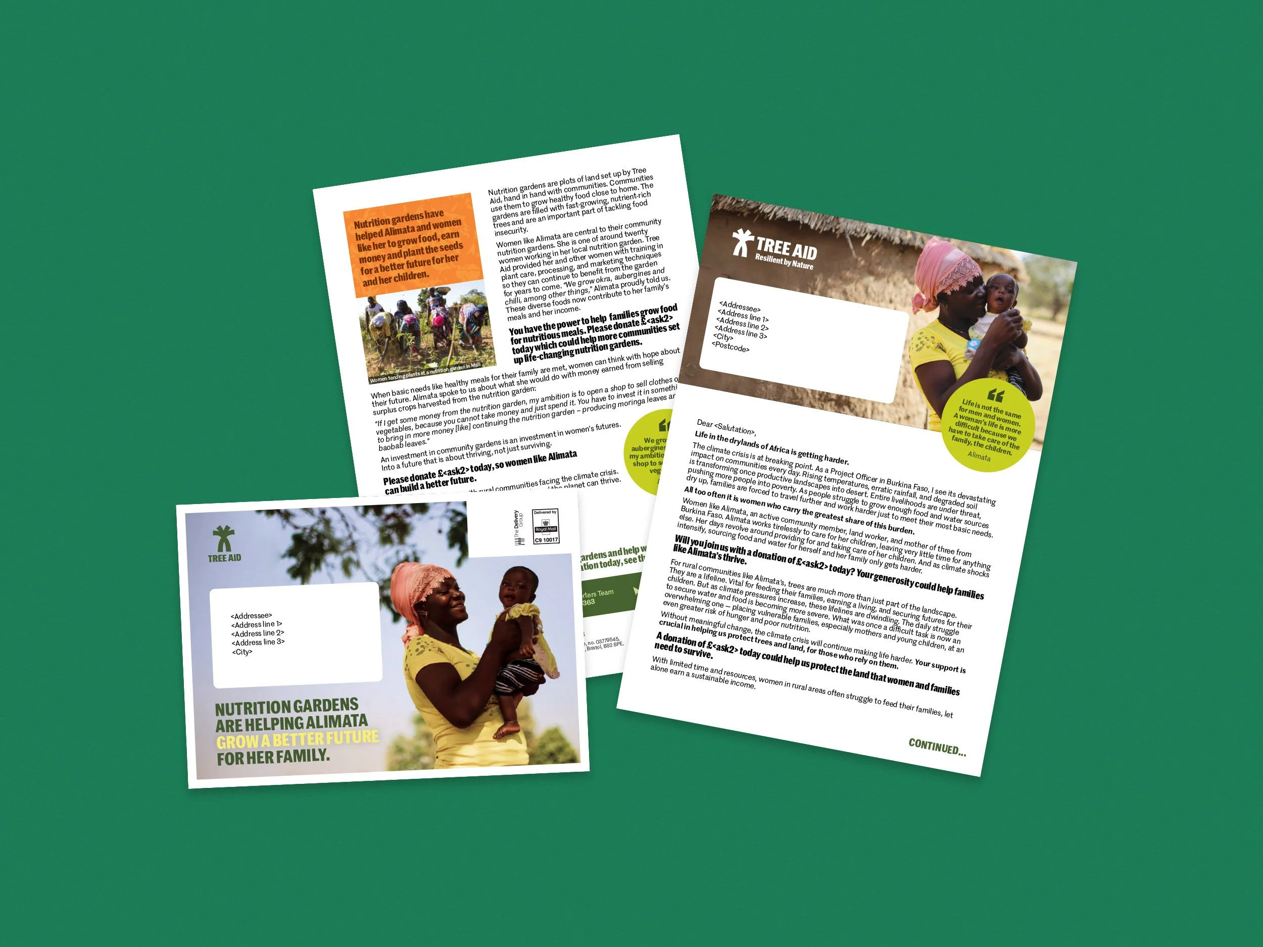 Envelope and front and back view of a letter for Tree Aid with images of women and children in rural Africa, promoting nutrition gardens and community support.