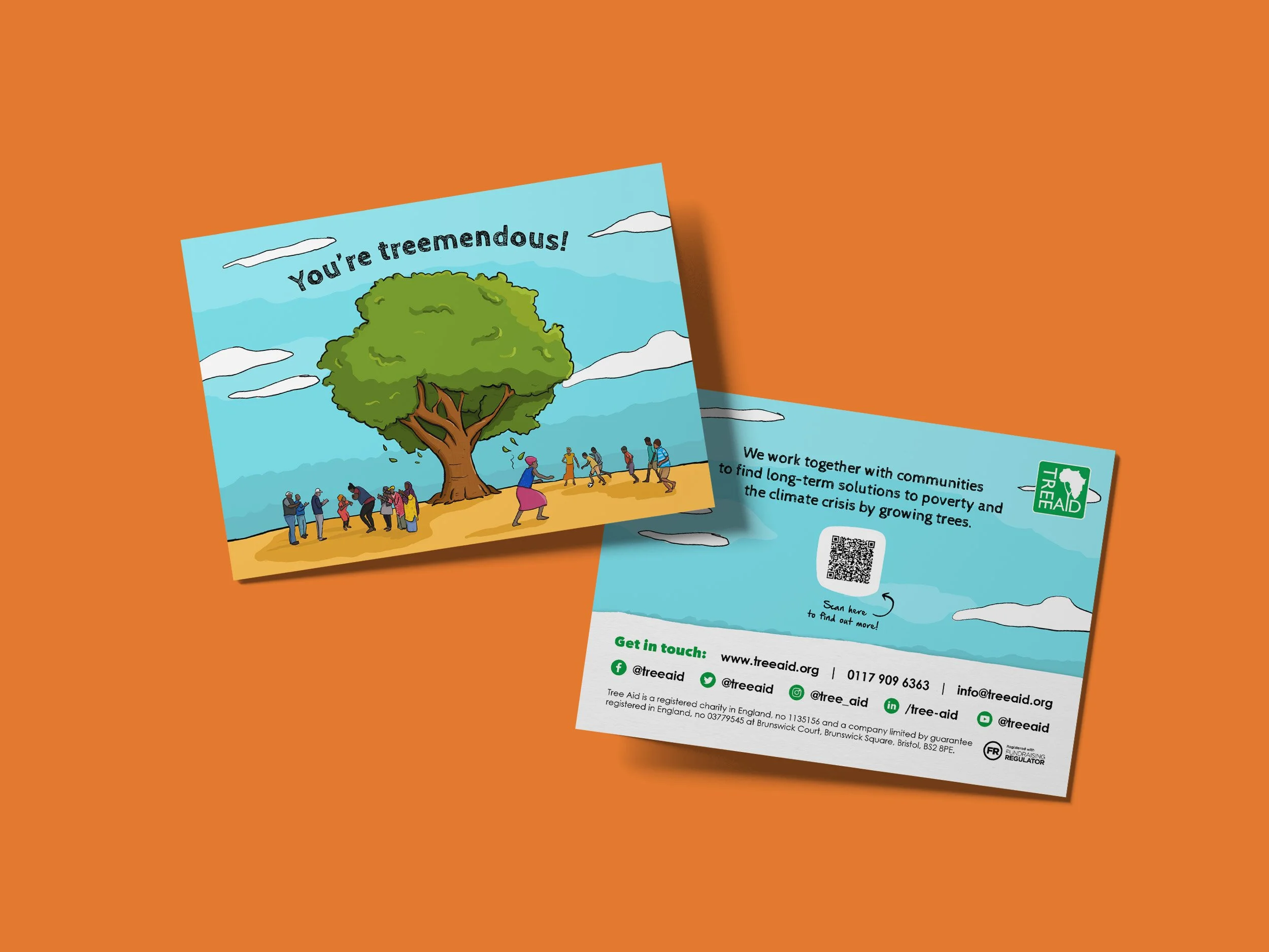 The front and back of a greetings card with a large tree and children around it, with the text 'You're treemendous!' and images of clouds and people. The card was designed by Sprout Design for Tree Aid.