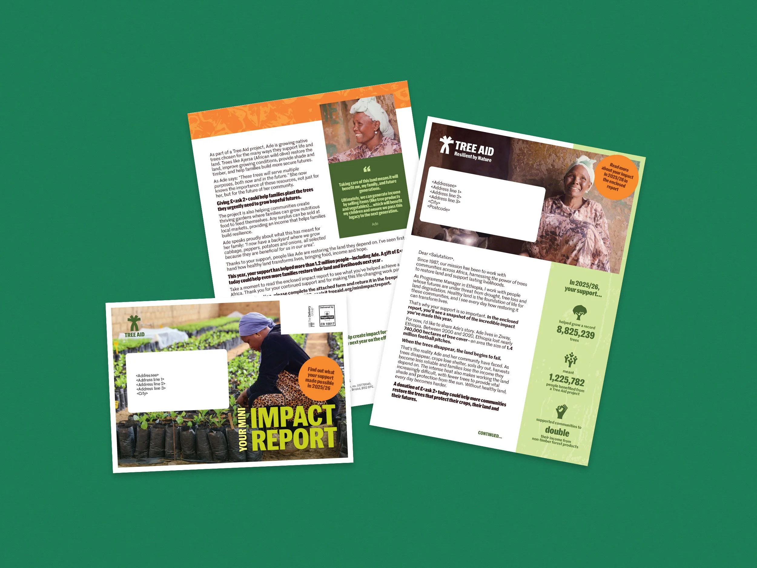 Envelope and a letter for Tree Aid's Impact Report mailing, featuring a smiling elderly woman with head wrap, and a young girl watering plants in a garden.