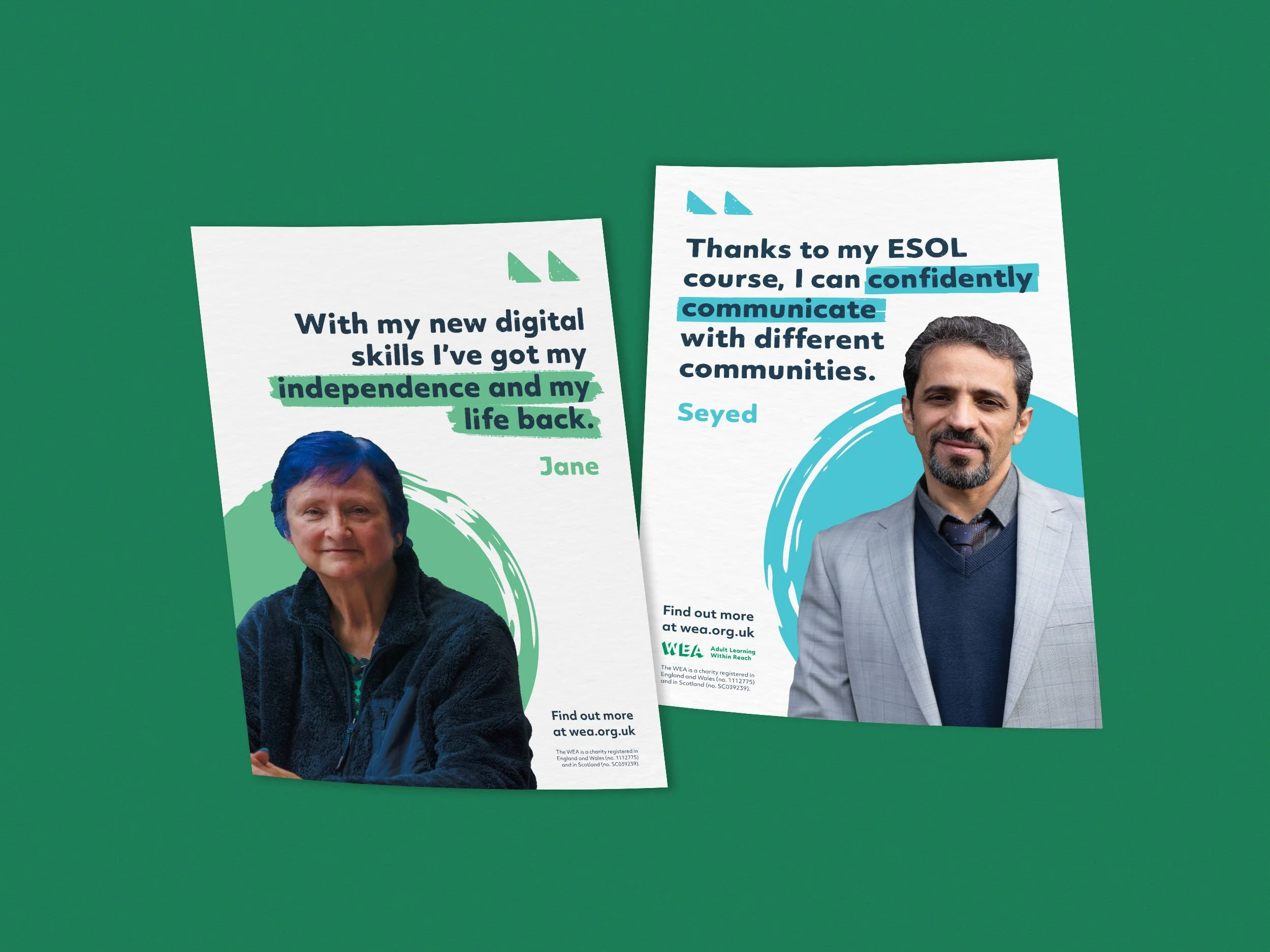 Two printed posters for WEA, featuring people's photographs and quotes about their digital skills and communication confidence and how WEA has supported them.