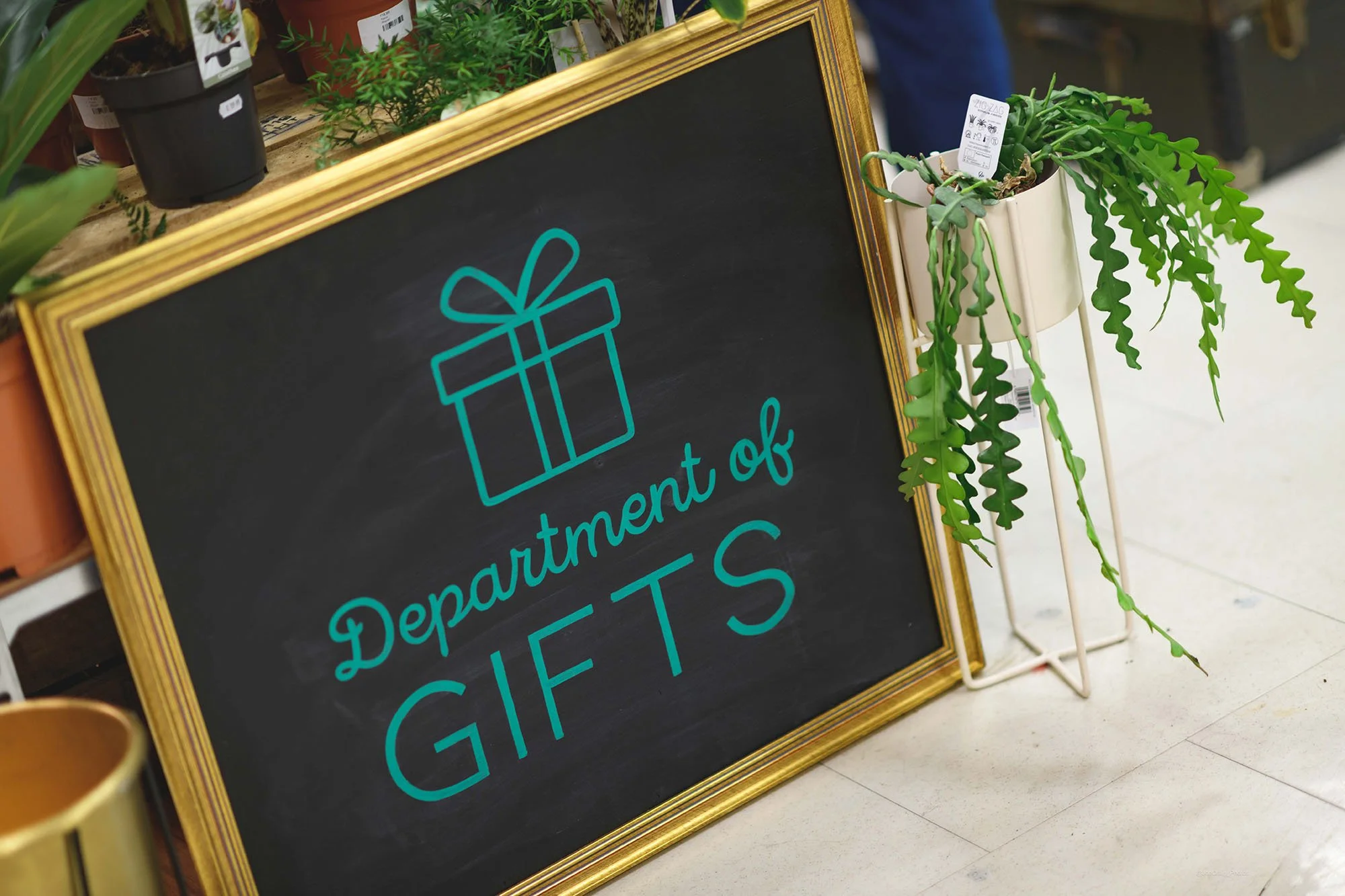 A chalkboard sign with a gold frame displaying a drawing of a gift box and the words 'Department of Gifts' written in blue chalk inside of Sparks Bristol. Surrounding the sign are potted plants with green foliage.