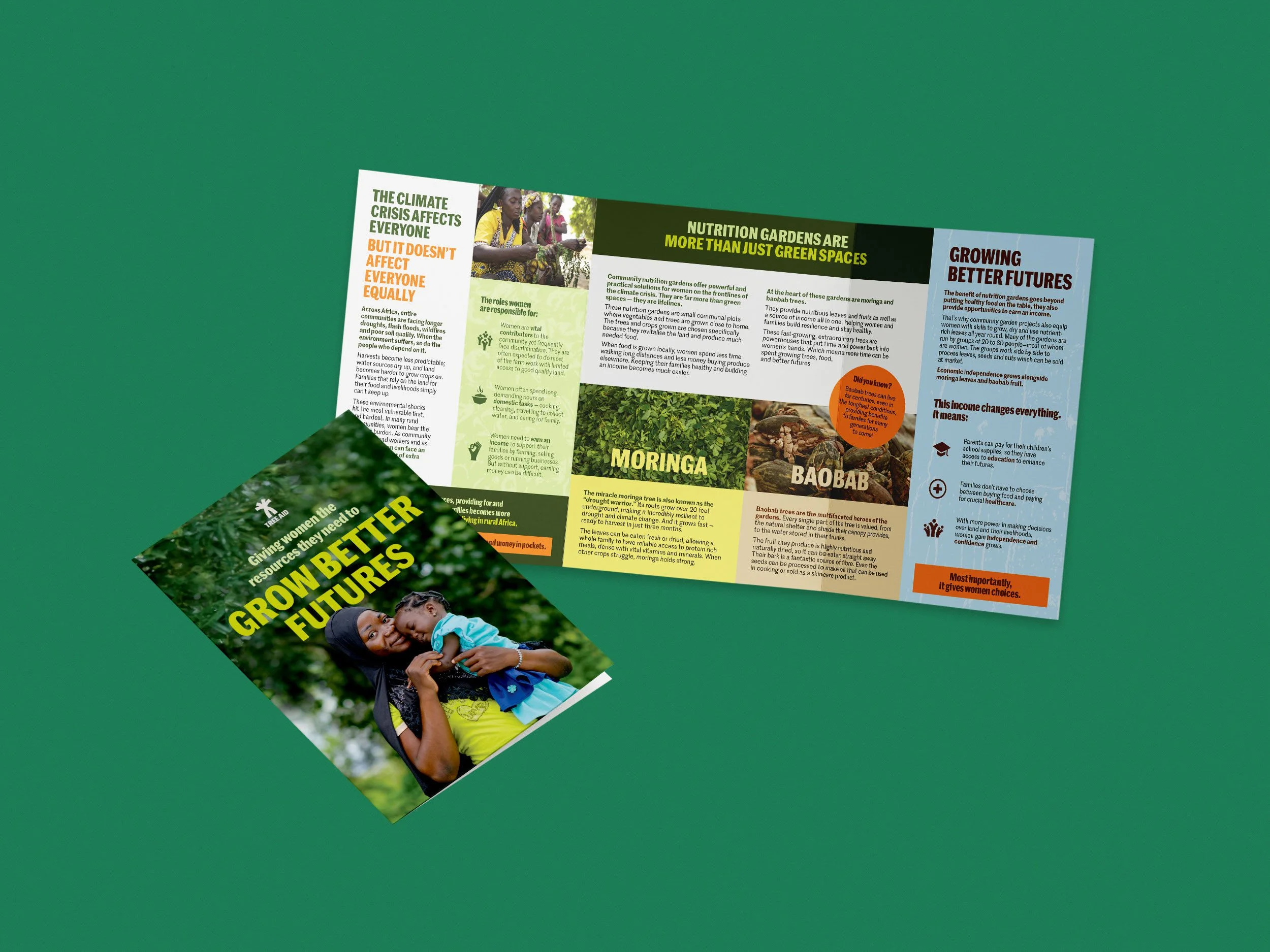 Tri-fold leaflet for Tree Aid promoting the benefits of community nutrition gardens and their impact on climate change, food security, and women's empowerment in Africa, featuring images of women and children.