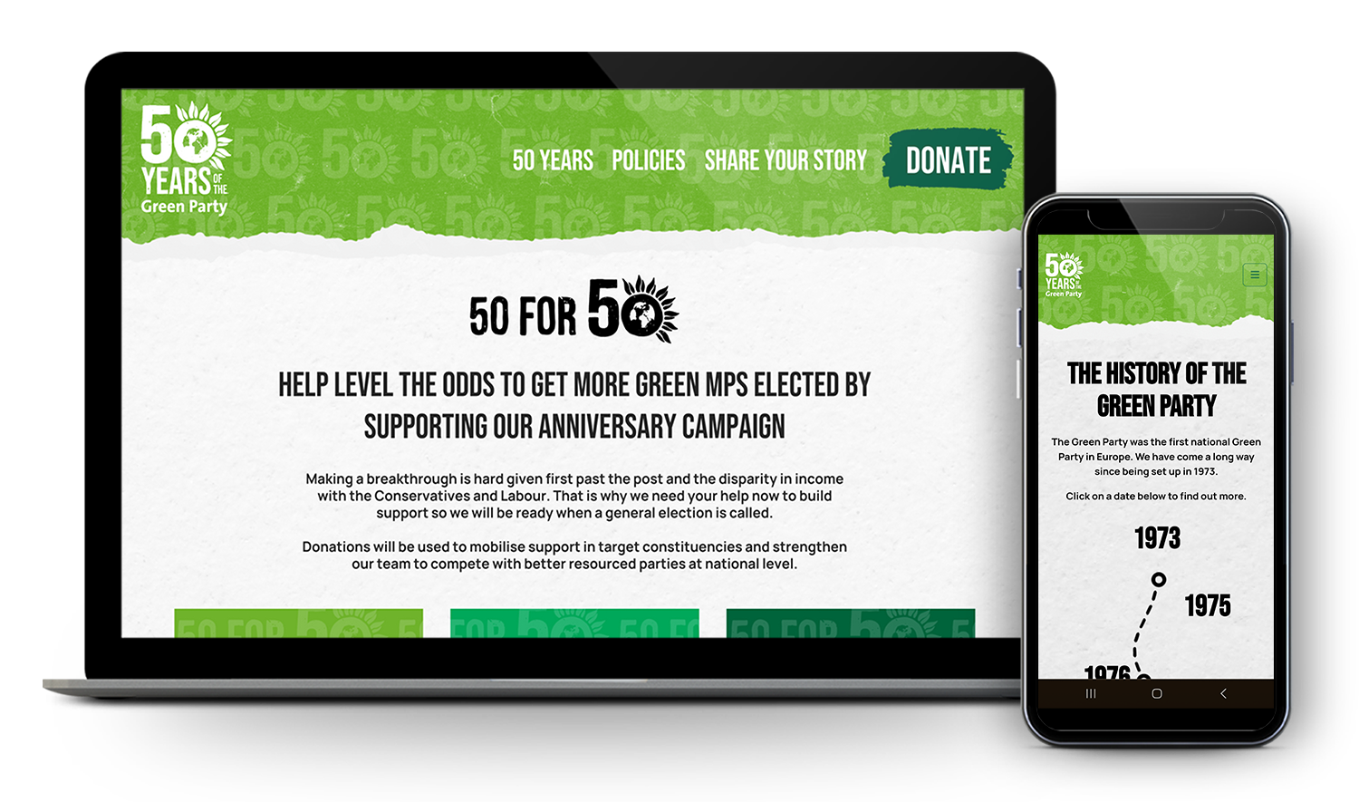 Image showcasing a website and mobile app for the 50th anniversary of the Green Party. The website features the Green Party's logo, celebration message, and donation call to support green MPs. The mobile screen displays the history timeline of the Green Party with dates and descriptive text.