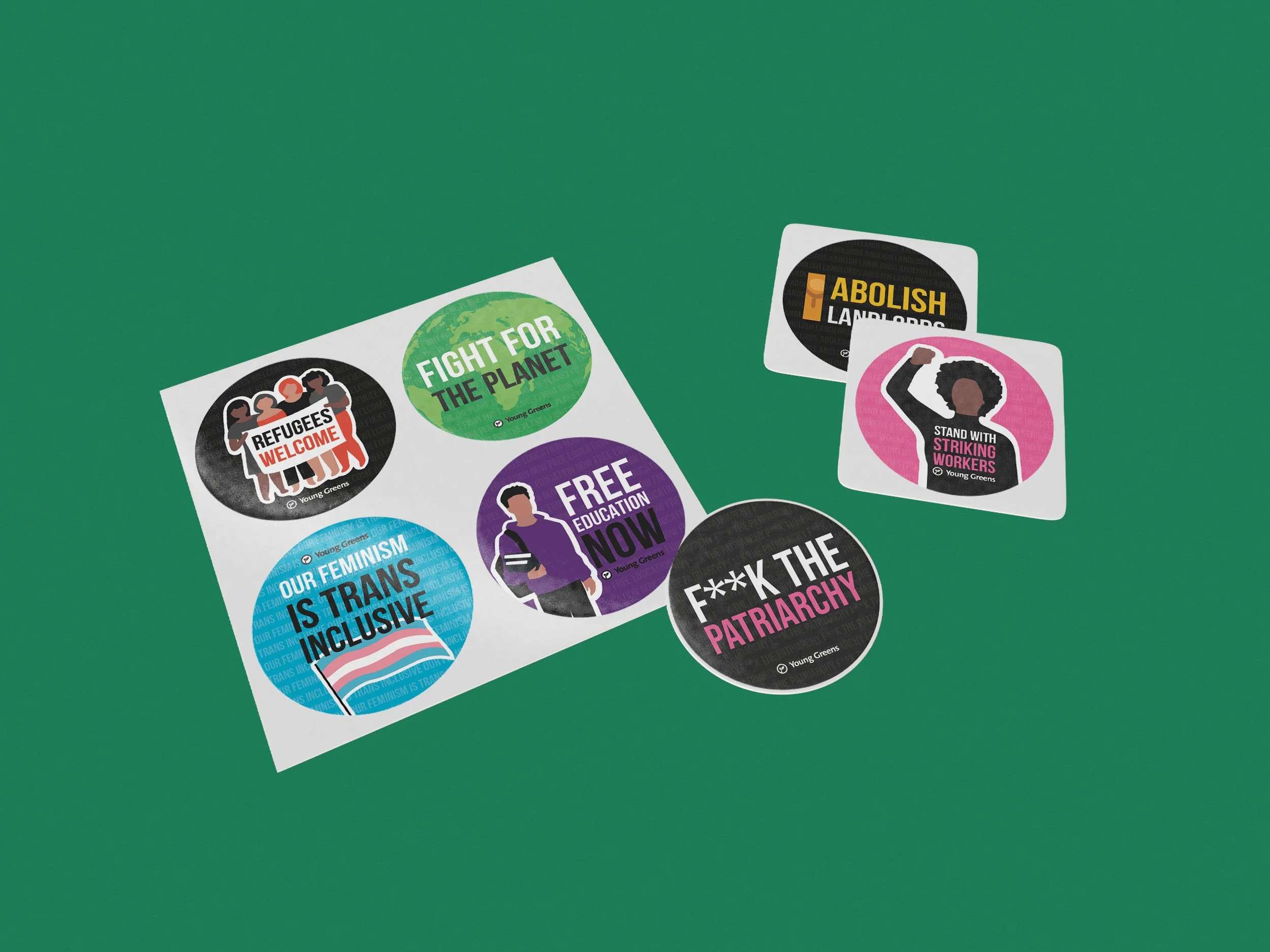 Collection of stickers for The Young Greens with social and political messages, including 'Refugees Welcome,' 'Fight for the Planet,' 'Stand with Striking Workers,' 'Feminism is Trans Inclusive,' and 'Fuck the Patriarchy,' 