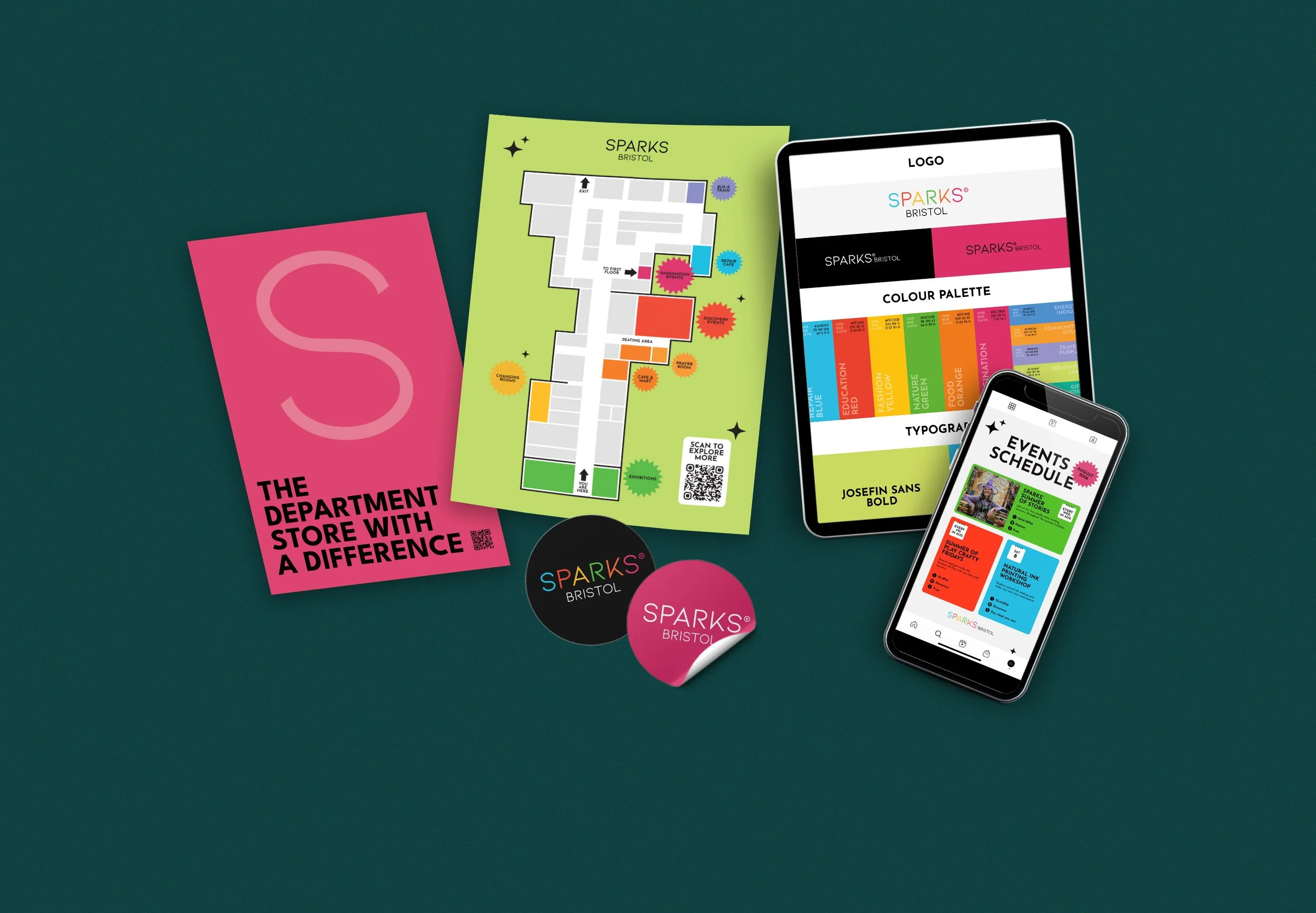 Collection of promotional materials for Sparks Bristol, including a map, a logo sticker, brand guidelines, a pink flyer, and a phone screen showing an events social media post.