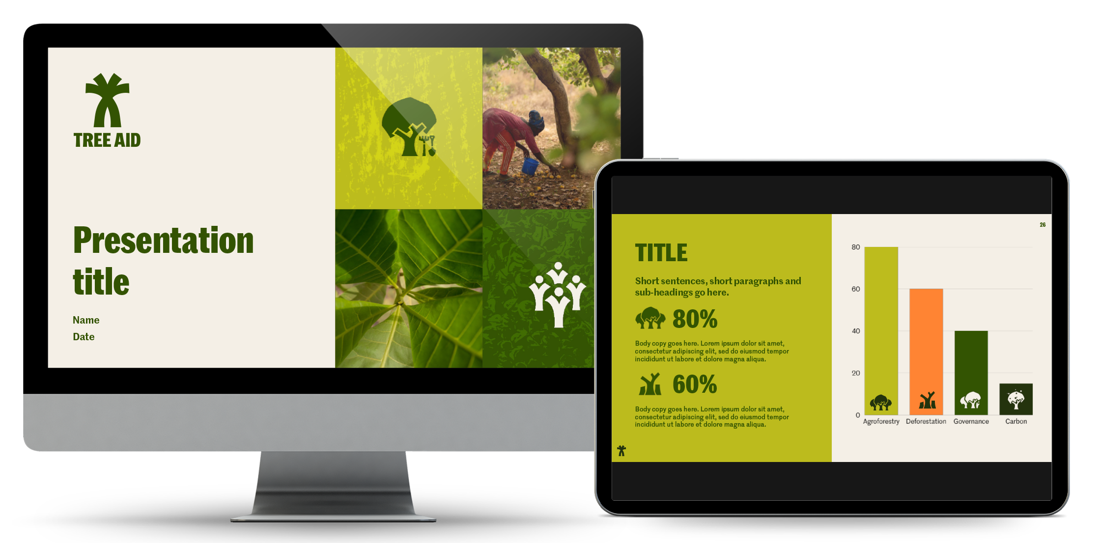 Computer monitor and tablet displaying presentation slides about trees and environmental statistics with green and white themes. The slides include images of tree icons, a person planting a tree, leaf close-up, bar charts, and icons representing various environmental categories.