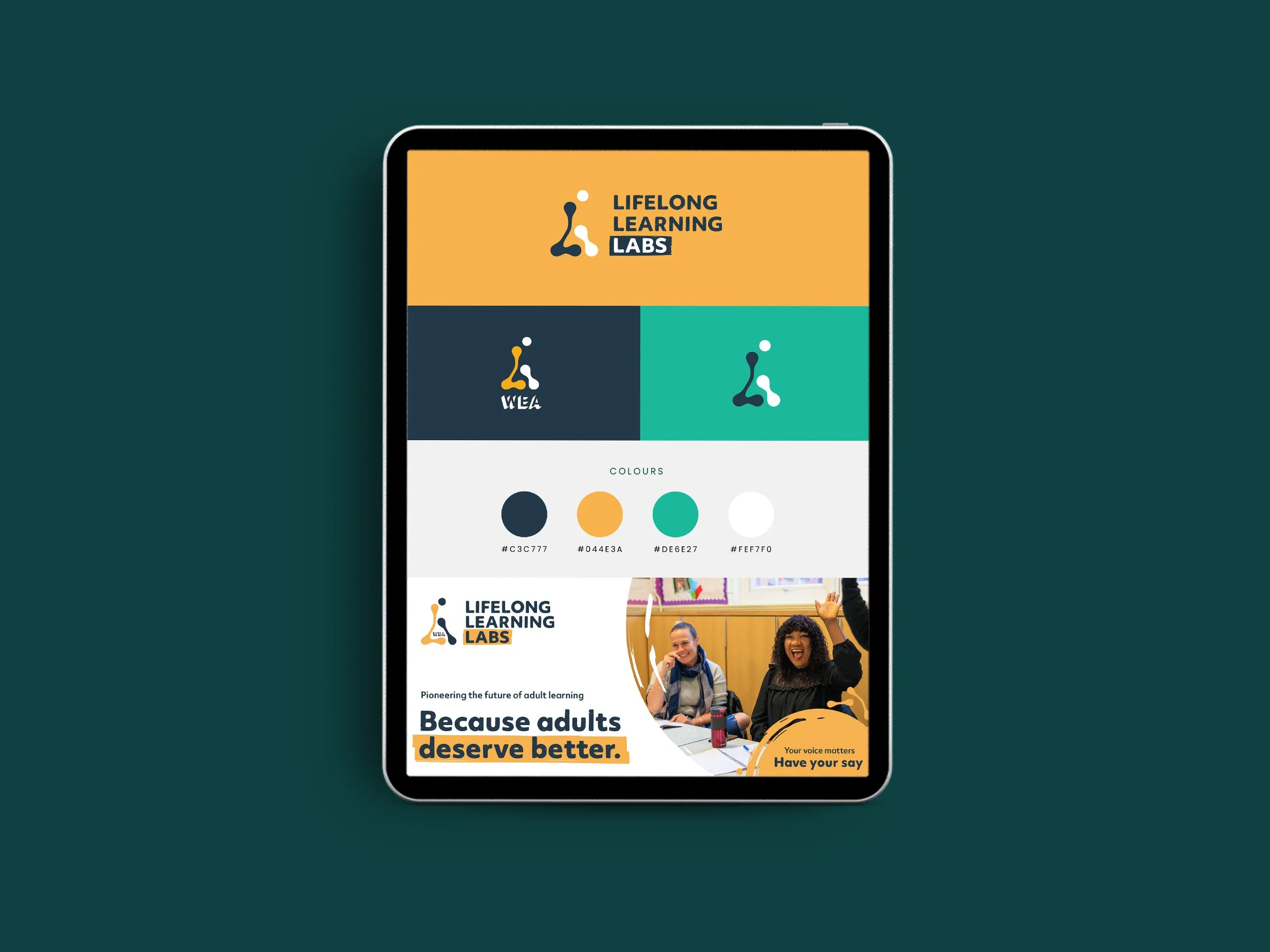 A digital device shows the brand guidelines for 'Lifelong Learning Labs' campaign for WEA, featuring logos, colors and a sample social media banner promoting the campaign. The campaign branding was designed by Sprout Design.