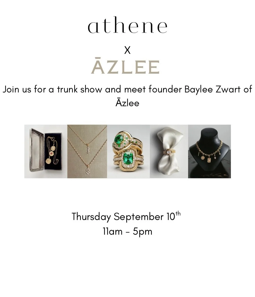 Join us for a trunk show and meet founder Baylee Zwart of Āzlee. 

September 10th 11am - 5pm