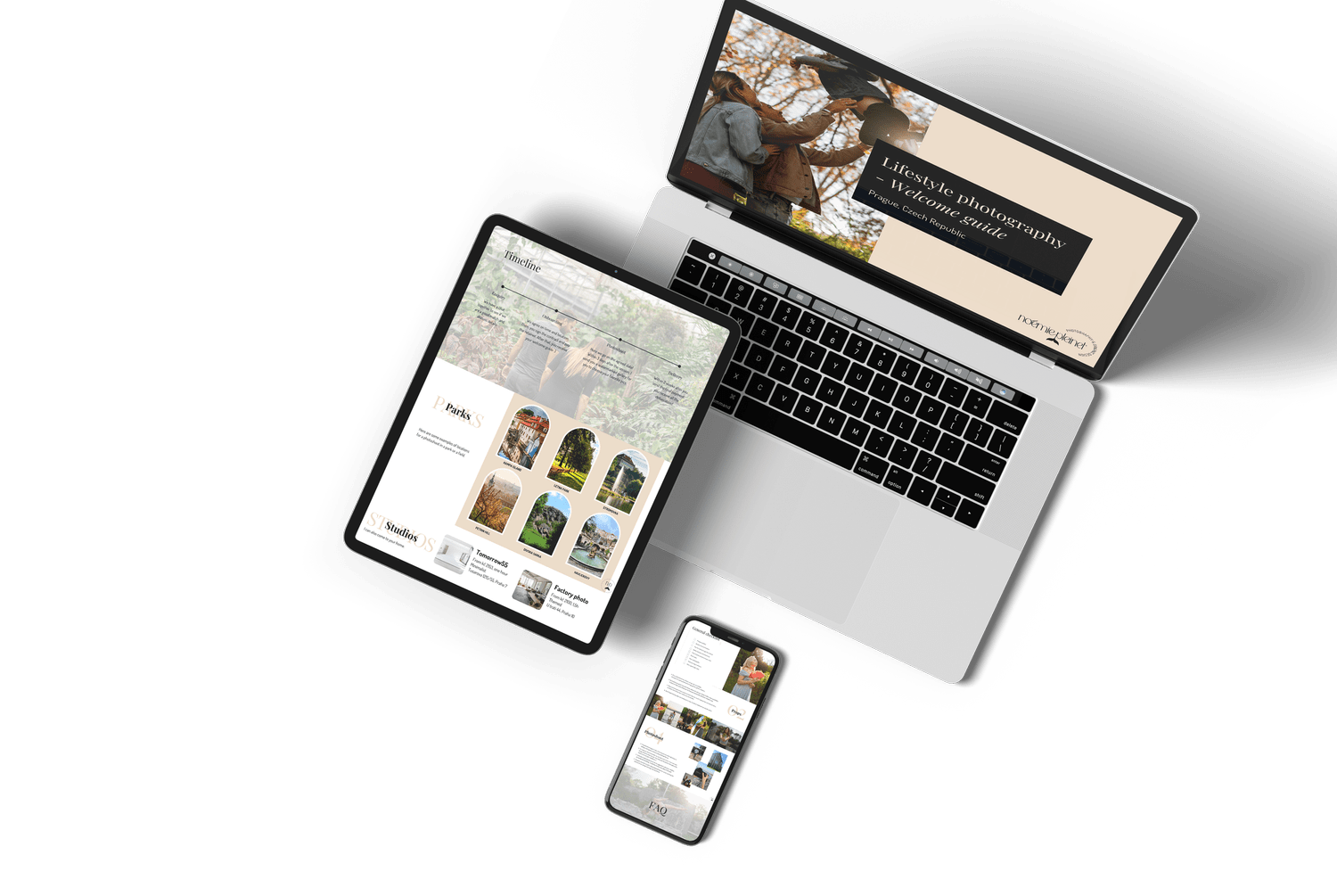Multiple electronic devices including a laptop, tablet, and smartphone displaying various travel and photography website pages.