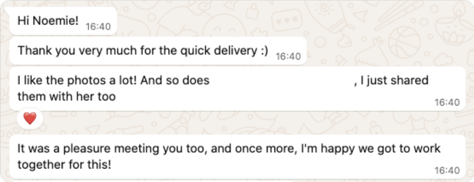 Screenshot of a WhatsApp conversation discussing quick delivery, sharing photos, and working together again.