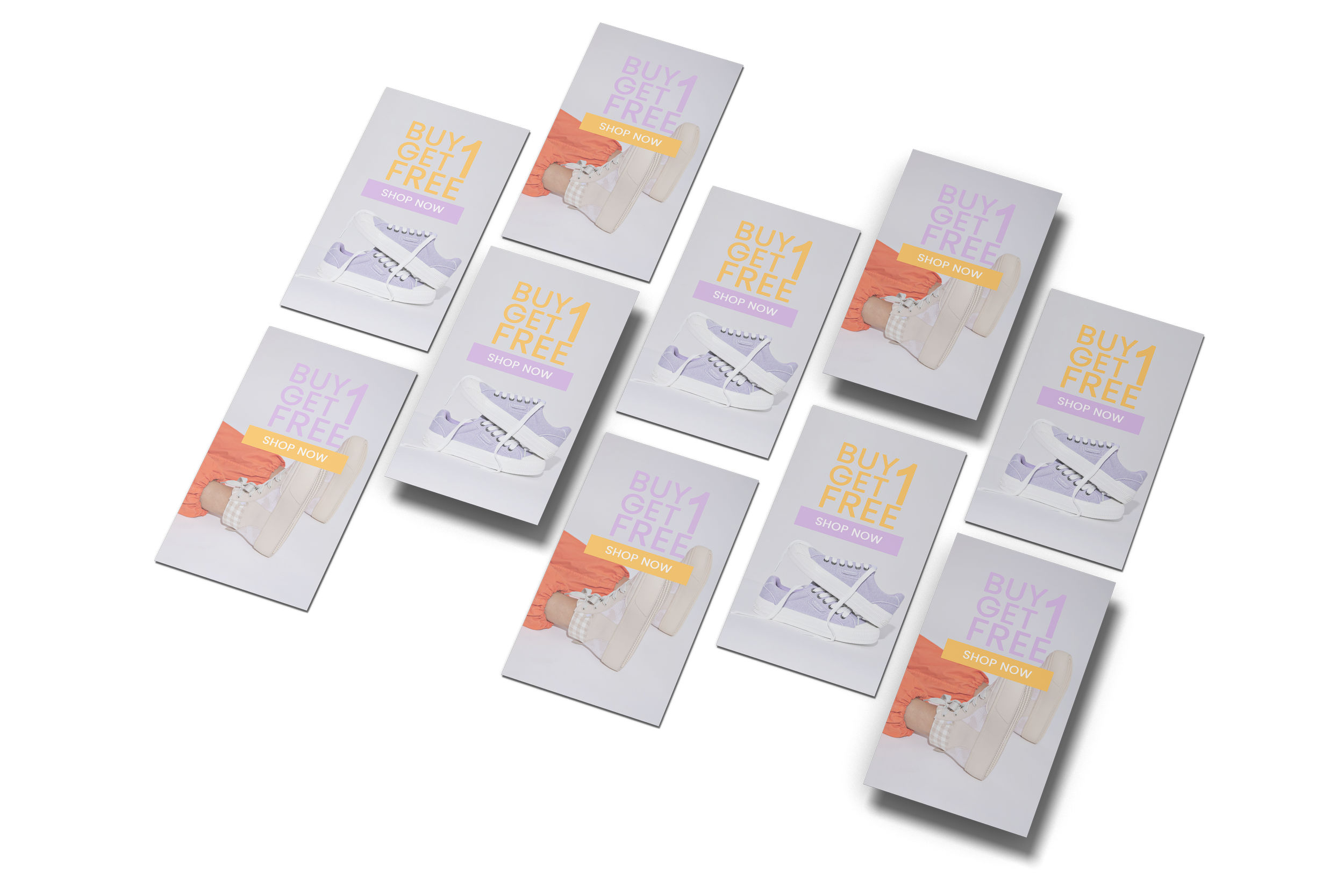 Multiple digital advertisement flyers featuring sneakers and shoes, with text promoting a buy one get one free sale and a shop now button, arranged against a black background.