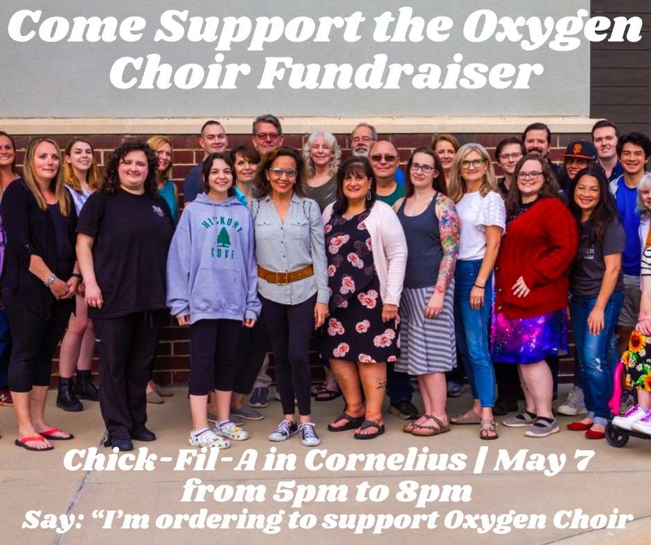 Join us at the Chick Fil A in Cornelius to support the Oxygen Choir Fundraiser. It&rsquo;s from 5 to 8 pm on May 7th. Make sure to let the cashier know that you&rsquo;re there for the fundraiser. Thank you church family! #oxygenchoir #chickfila #fund