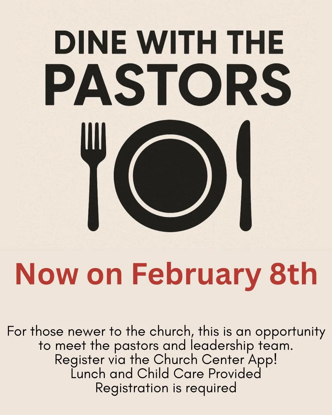 Dine with the pastors has been moved to February 8th. If you are newer to the Church, register via the church center app! 
#lifecharlotte