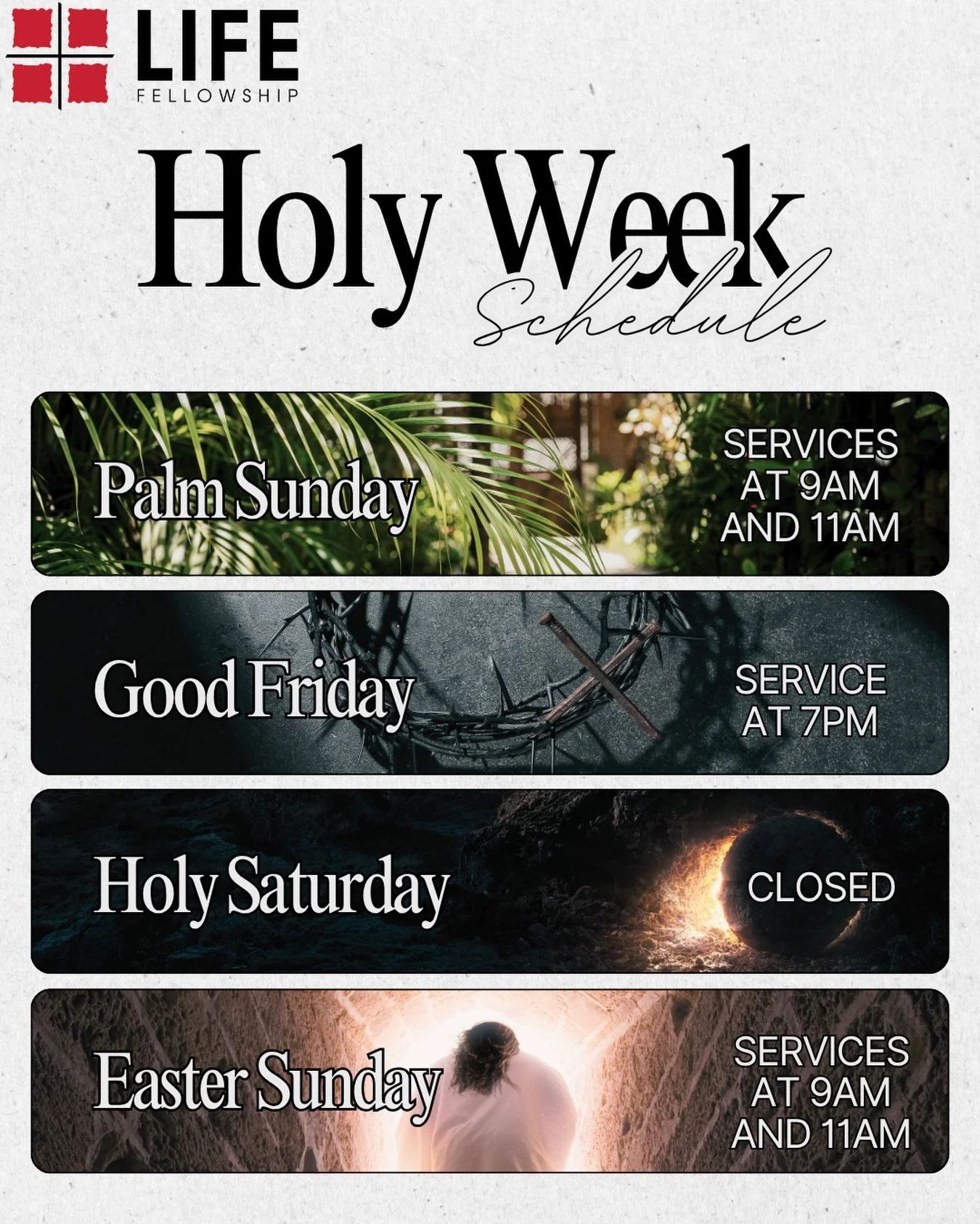 Holy Week begins this Sunday! Come spend the holiday with us as we reflect on the death and resurrection of our Savior! 
#lifecharlotte