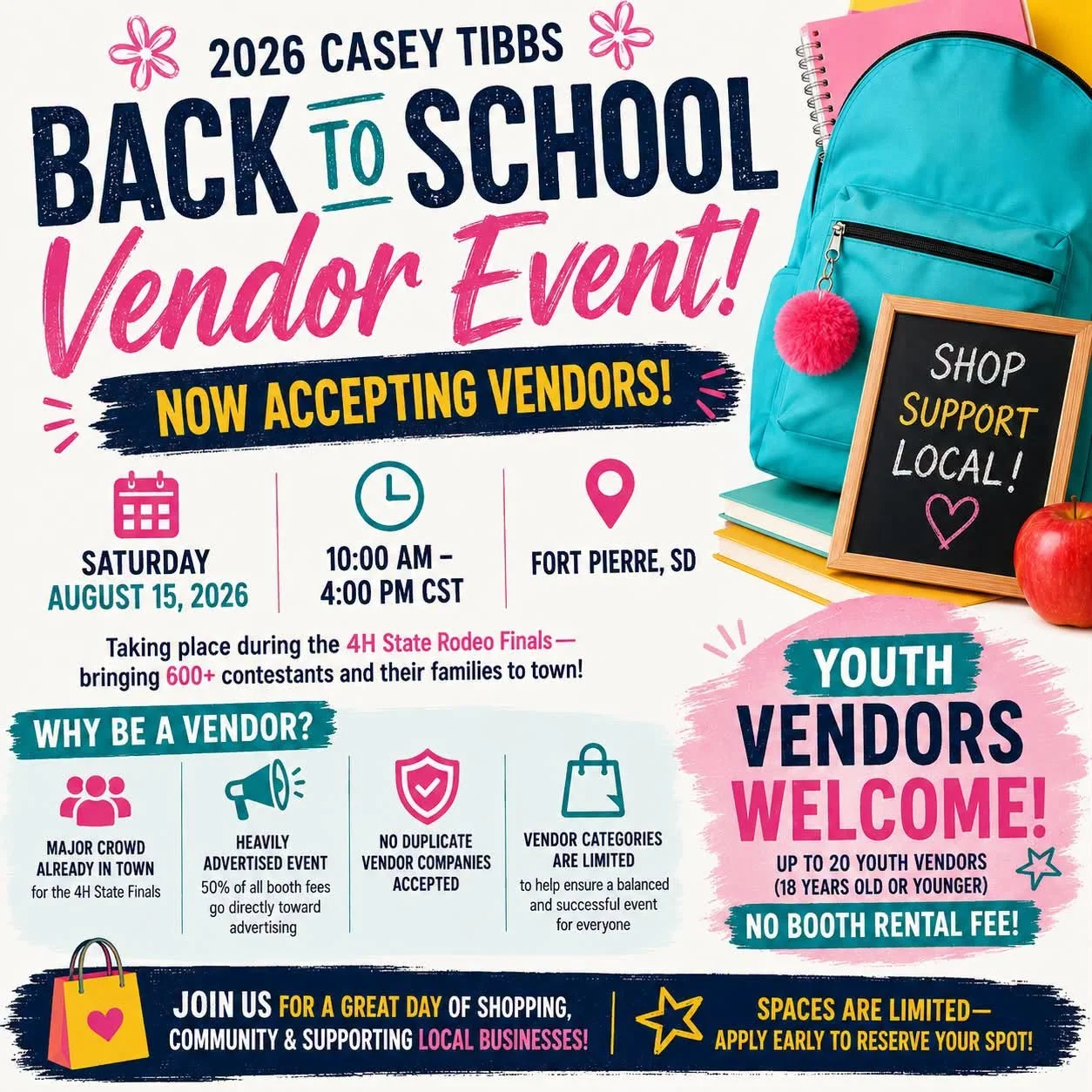 Calling local makers, businesses and young entrepreneurs! Vendor applications are now open for the Casey Tibbs Back to School Vendor Event on Saturday, August 15, from 10 a.m. to 4 p.m. in Fort Pierre.

The event will take place during the South Dako