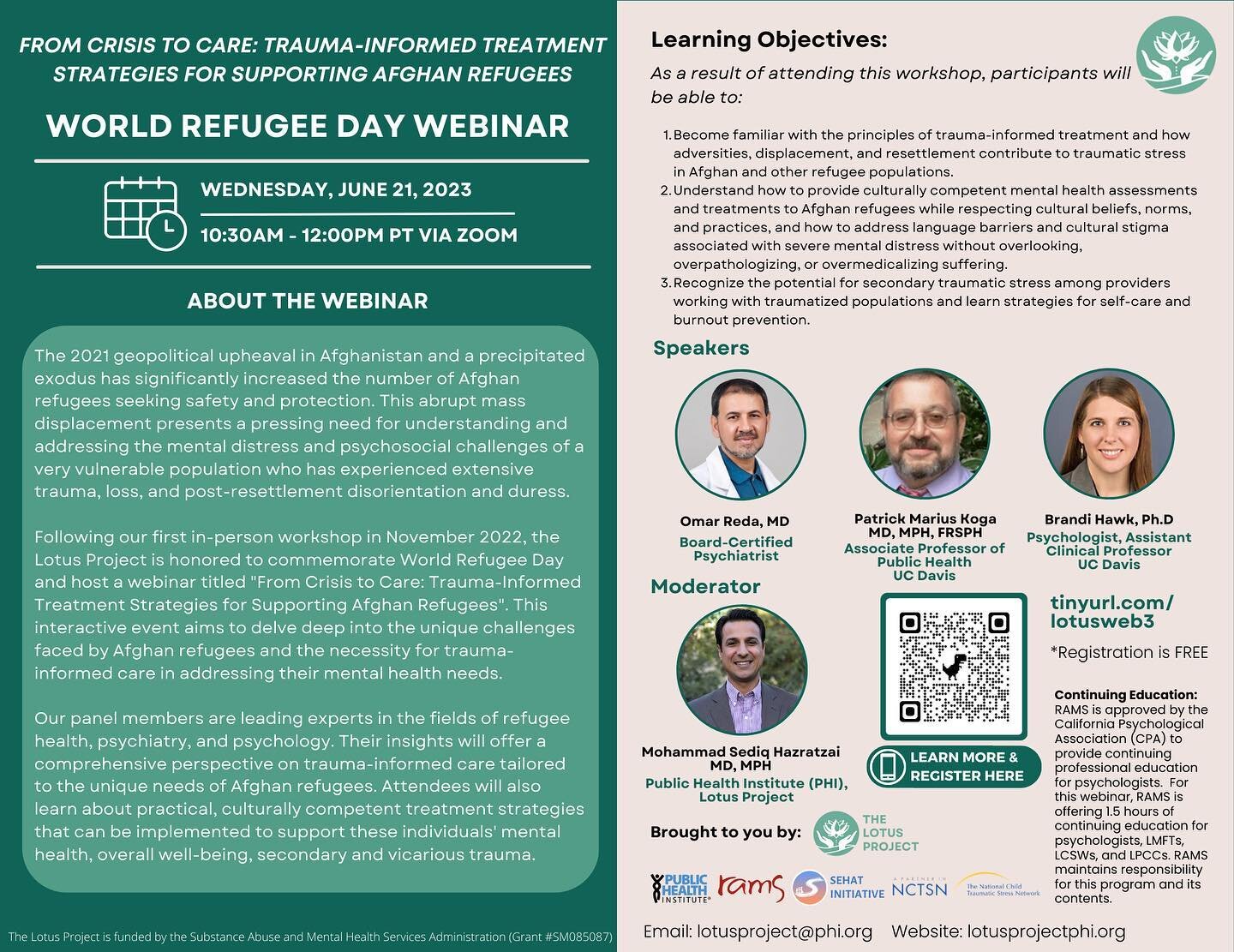 Join us on Wednesday, June 21 from 10:30AM-12PM on Zoom to honor World Refugee Day! This webinar &amp; panel will address unique challenges faced by Afghan refugees and how trauma-informed care can be utilized to address their mental health needs.

R