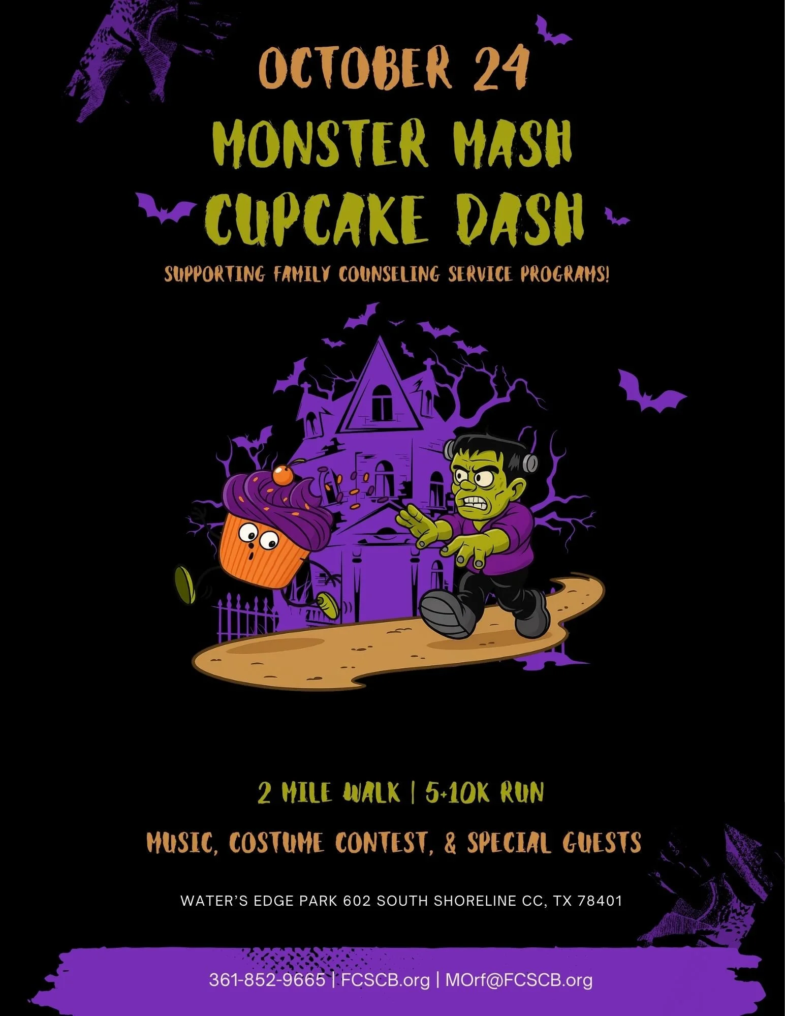 Halloween-themed flyer advertising a Monster Mash and Cupcake Dash event on October 24, supporting family counseling programs. The flyer features a haunted house, a frightened monster in green with dark hair, a purple cupcake with eyes and sprinkles, purple bats, and decorated trees on a black background with purple and orange accents.