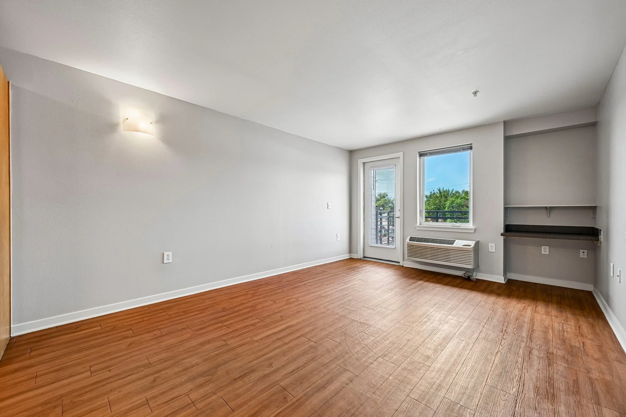 Empty living room with hardwood floors, white walls, a door with a window leading to a balcony, and a window showing a view of trees and blue sky.