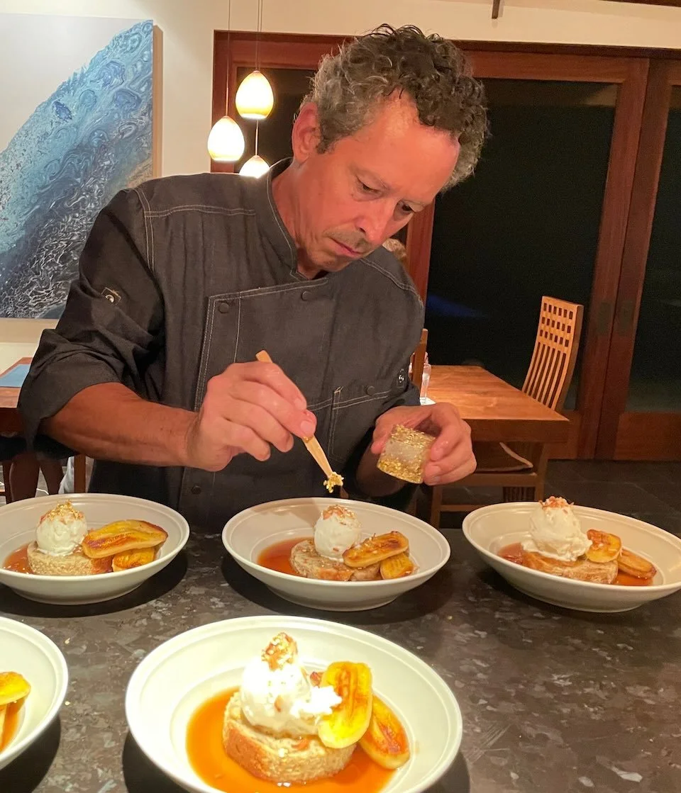 Chef Matt plating homemade Maui banana bread with vanilla bean ice cream.