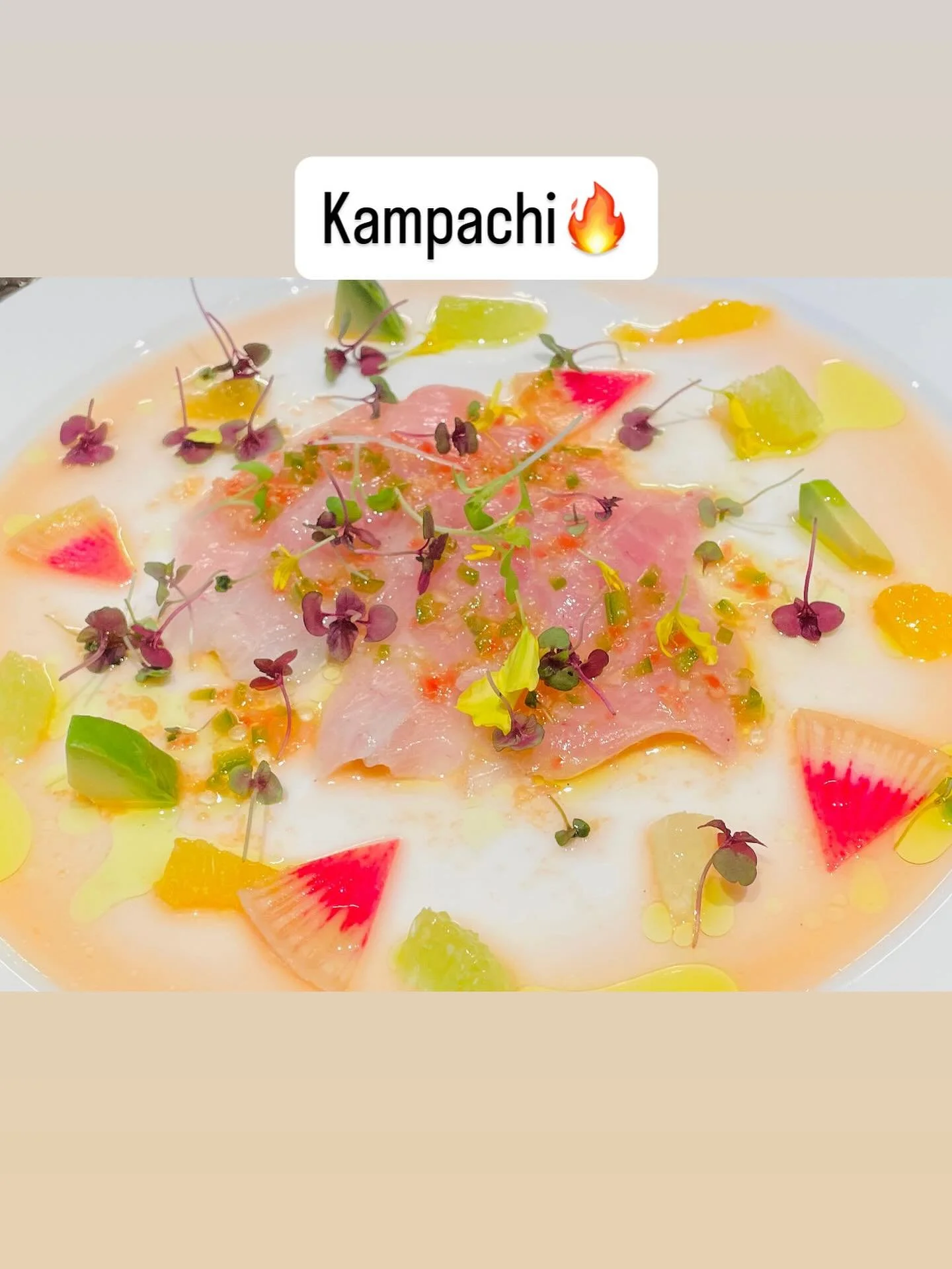 Big Island Kampachi Crudo yuzu and sweet-tart tangelo, finished with vibrant citrus, micro shiso, jalapeño and a drizzle of olive oil for a refreshing, elegant bite of island freshness. #MauiPrivateChef #KampachiCrudo #IslandFlavors #FreshFrom