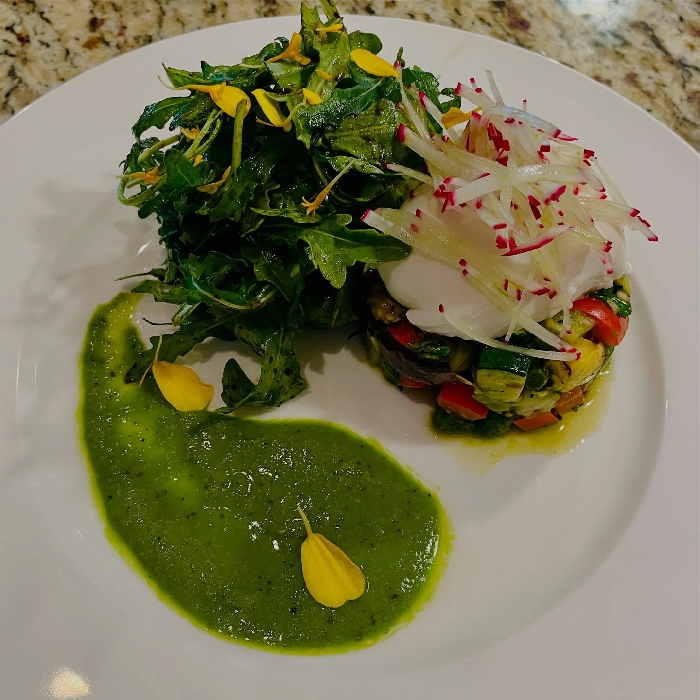 This Grilled Vegetable Burrata Salad is a vibrant celebration of fresh, seasonal Maui ingredients. Smoky grilled vegetables are finely diced and layered into a colorful base, crowned with creamy burrata that melts into every bite. Crisp julienned rad