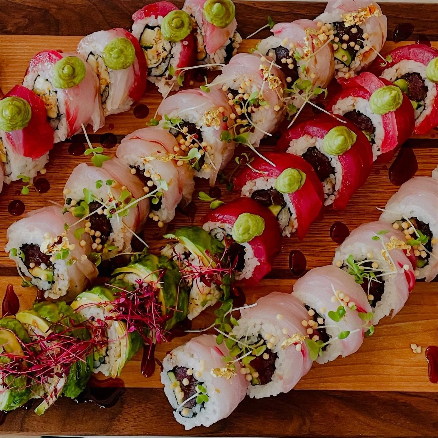 This vibrant sushi platter is a feast for the senses, handcrafted with the freshest island-caught fish, creamy avocado, delicate microgreens, and house-made sauces. Perfect for intimate gatherings or luxury events, each roll is a celebration of flavo