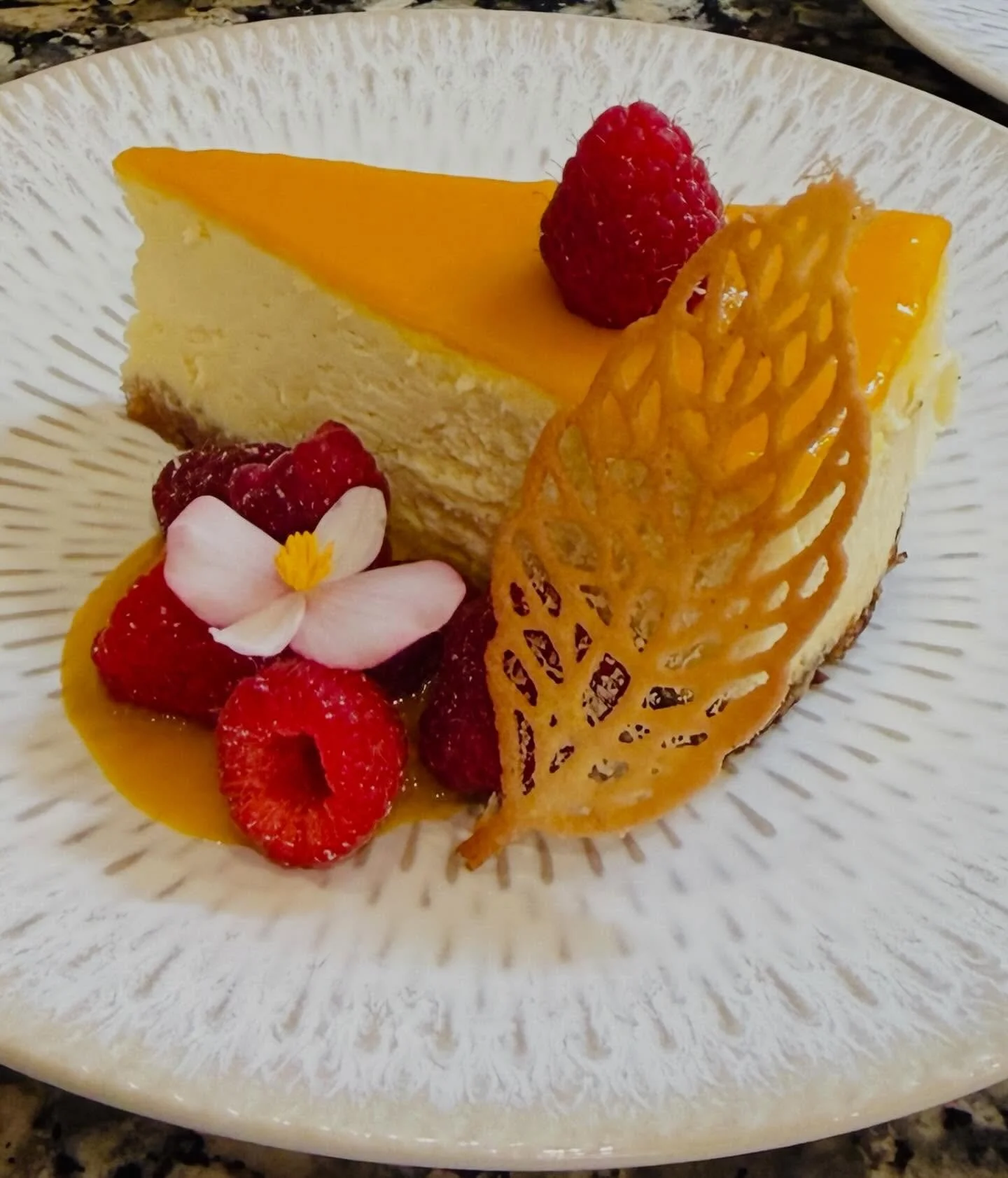 Ultra-creamy gluten-free cheesecake with a smooth, velvety texture and a delicate golden top. Paired with fresh raspberries, a vibrant Mango fruit coulis, and a crisp caramelized sugar tuile for the perfect balance. Finished with an edible blossom&md