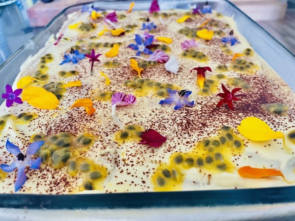 Tiramisu with Maui passionfruit and edible flowers.