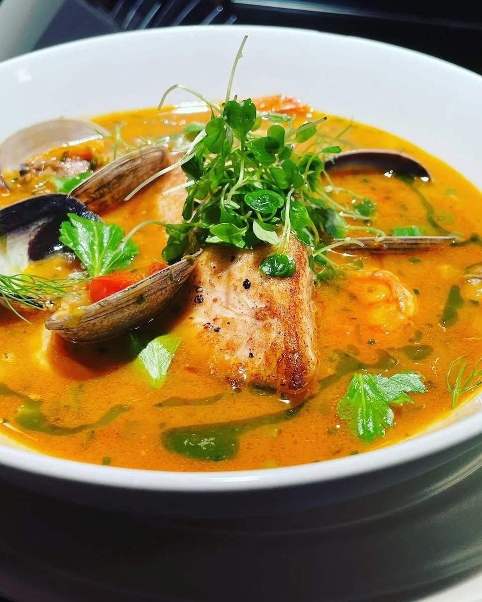 Paia mahi-mahi bouillabaisse with fresh Maui fish and saffron broth.