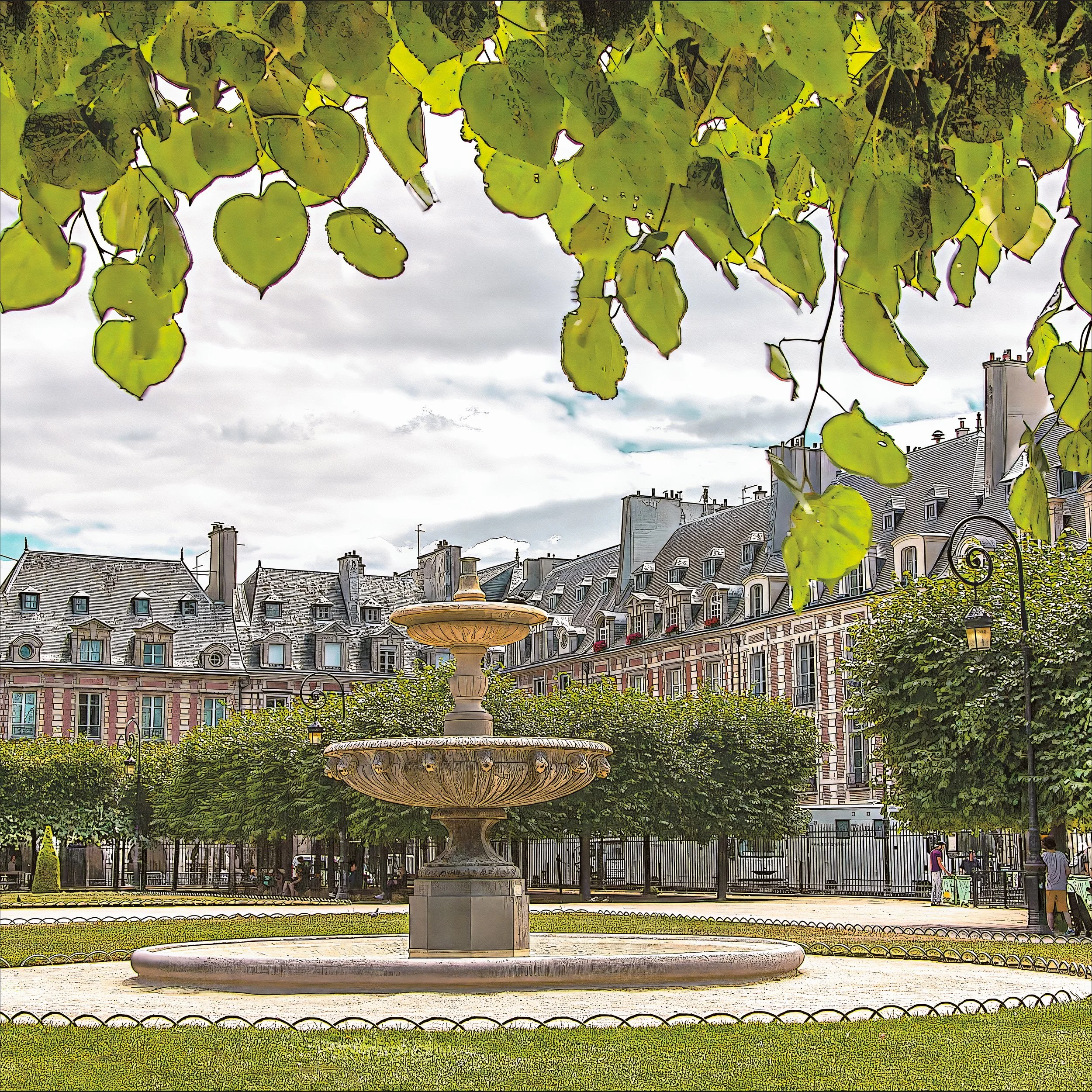 A fountain in Place des Vosges, Paris, surrounded by green trees and historic buildings. Overhanging green leaves frame the top of the image.