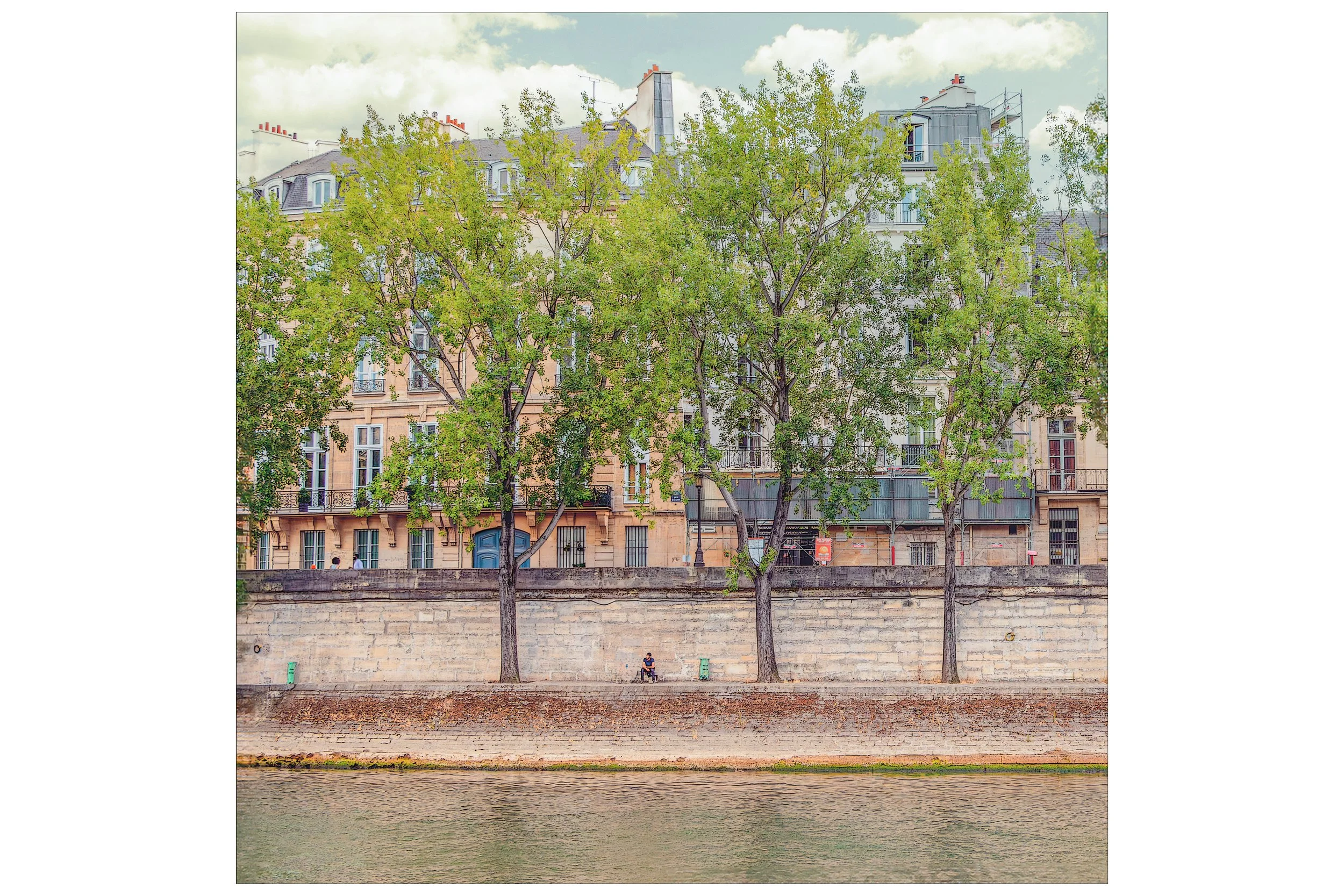 Collage titled "Memories of Paris" featuring Notre-Dame Cathedral, a tree-lined promenade, a church spire, Eiffel Tower structure, a columned walkway, and a boulangerie.