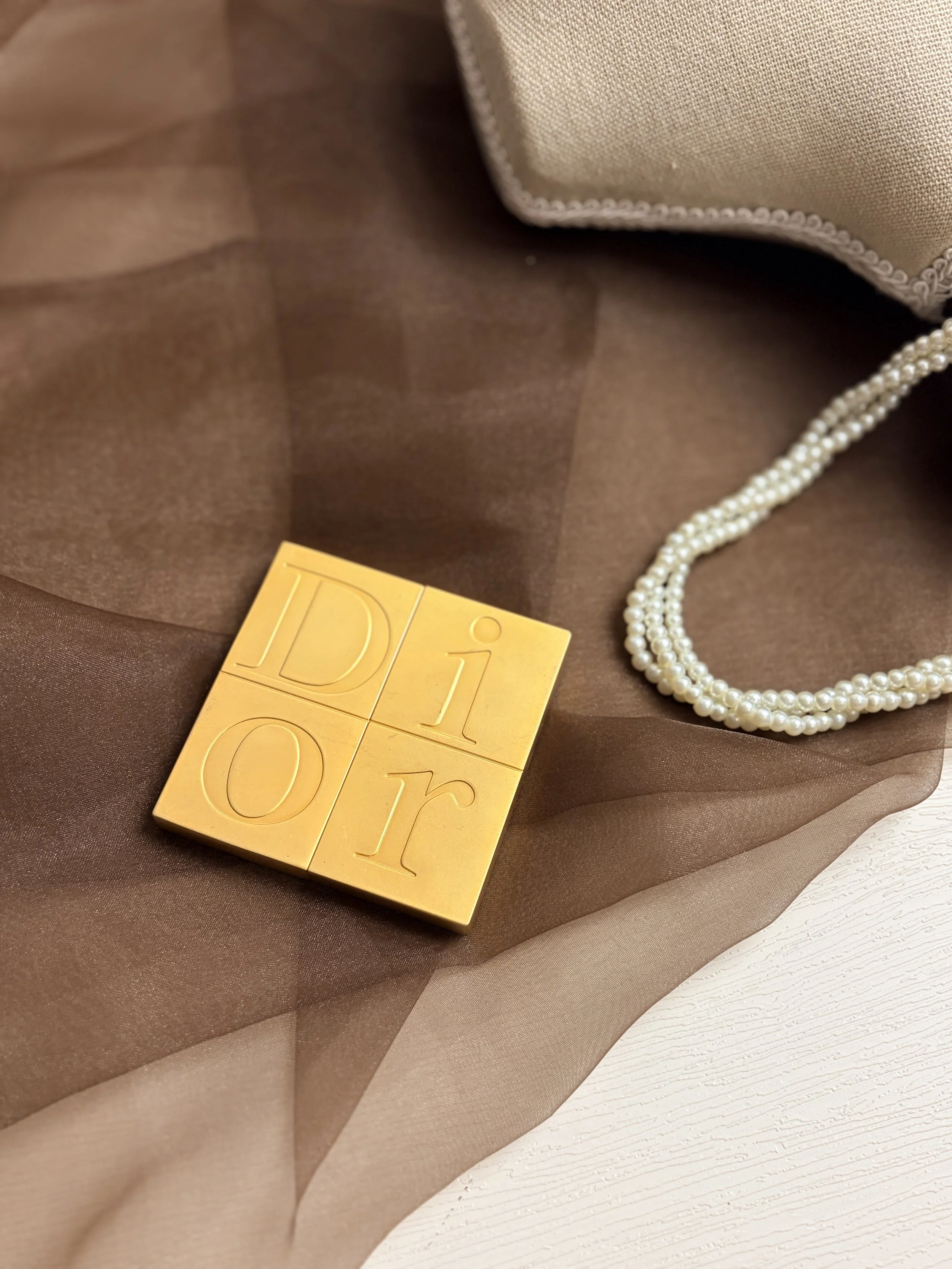 Vintage Christian Dior Lettering Matte Gold Sliding Pocket Mirror